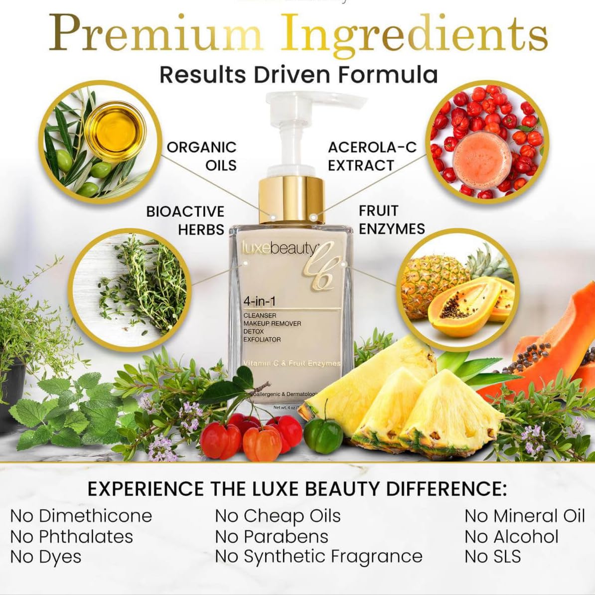 LUXEBEAUTY Luxe Cleanser All-in-One Hypoallergenic Face Cleanser + Natural Makeup Remover Face Wash + Exfoliator for All