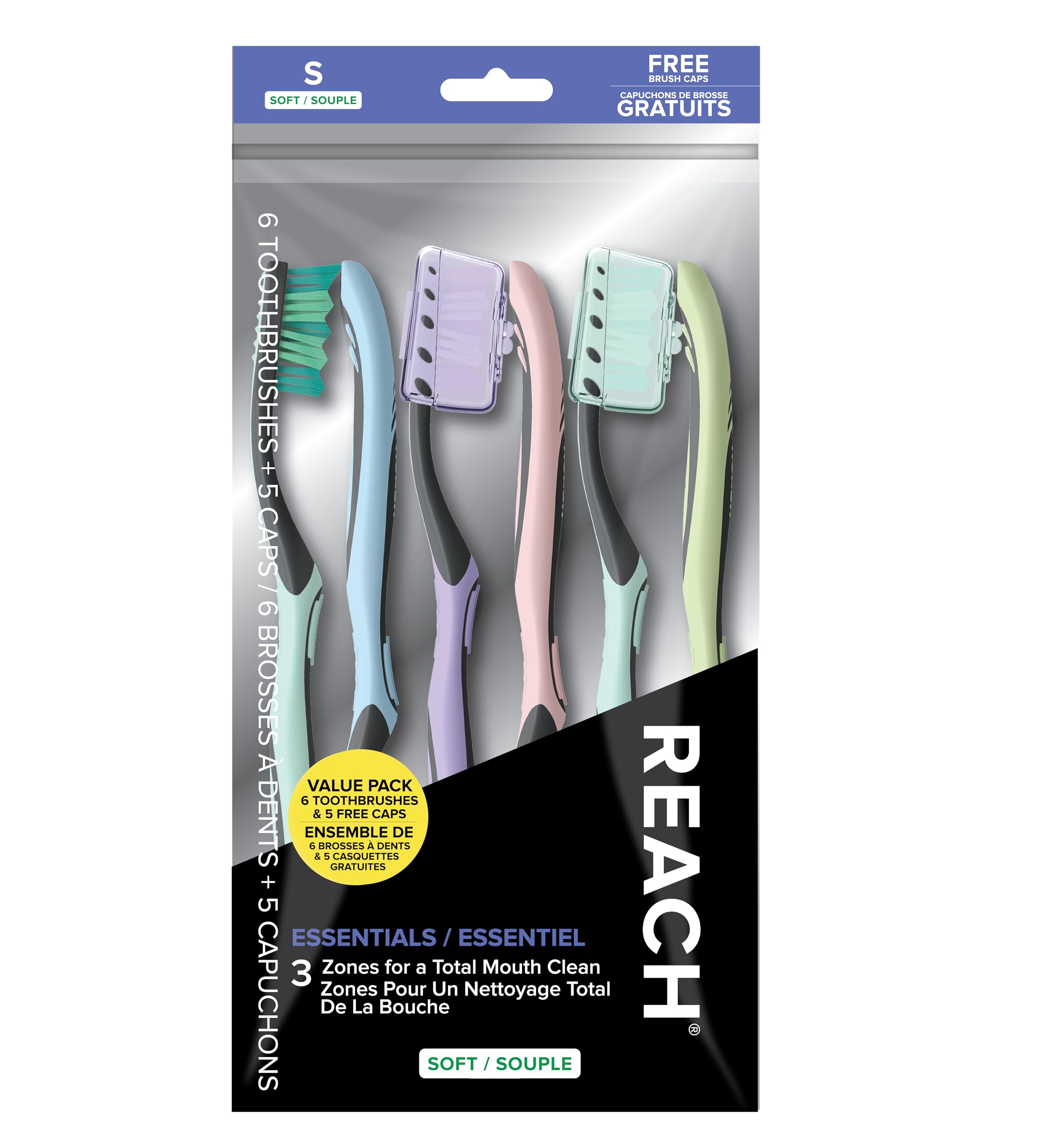 Reach Essentials Soft Toothbrushes with Toothbrush Caps, 6 Count - Product Imagery