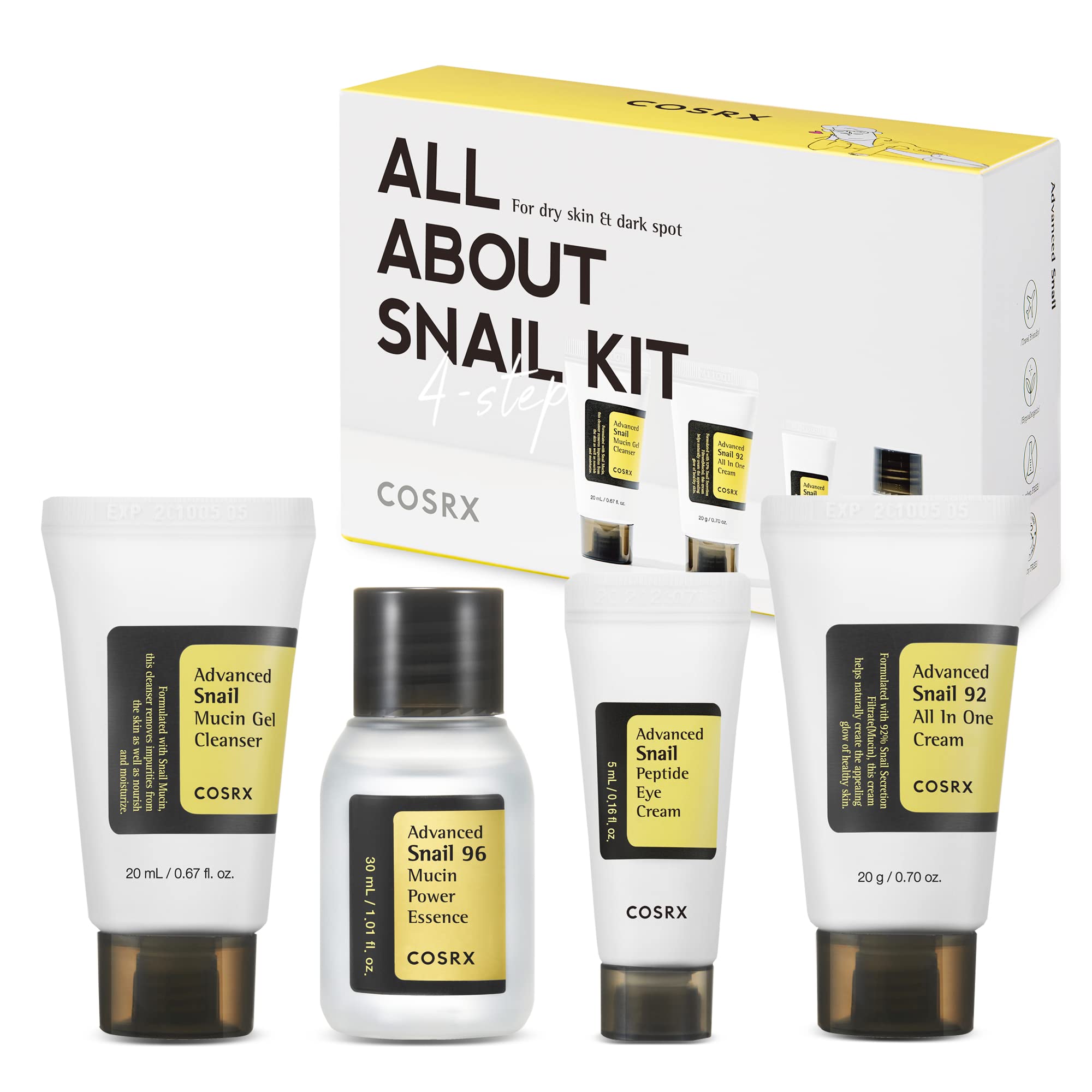 COSRX All About Snail Mucin Korean skincare set with mini travel essentials, featuring snail mucin-based beauty products in a compact package.