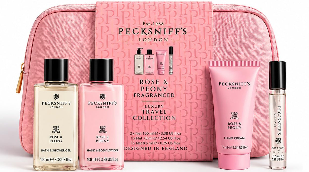 Pecksniff's London Rose & Peony Fragranced Luxury Travel Collection, 4-Piece Bath & Body Gift Set with Pink Cosmetic Bag