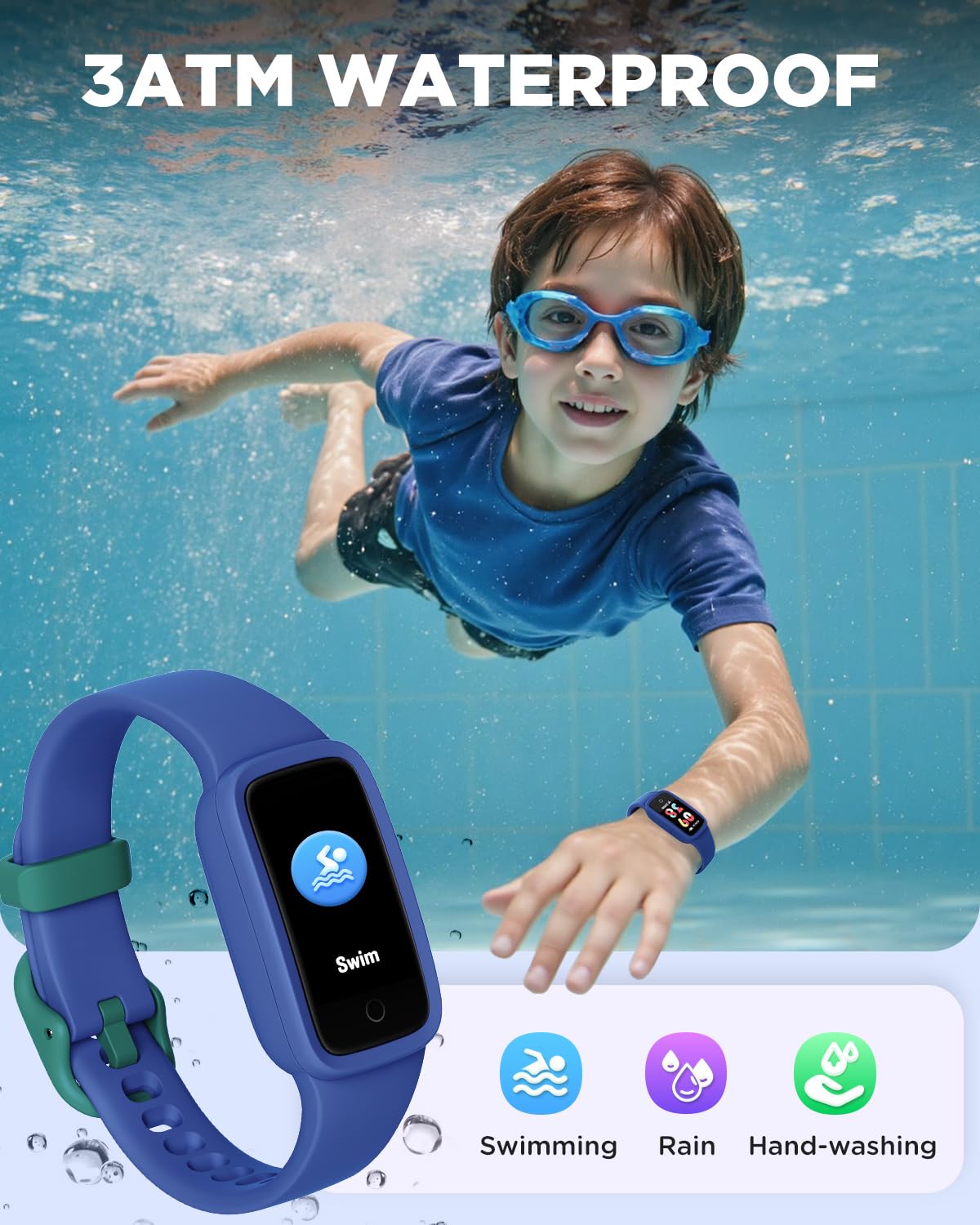 BIGGERFIVE Vigor Kids Fitness Tracker Watch AMOLED Screen, 3ATM Waterproof – back view and specifications