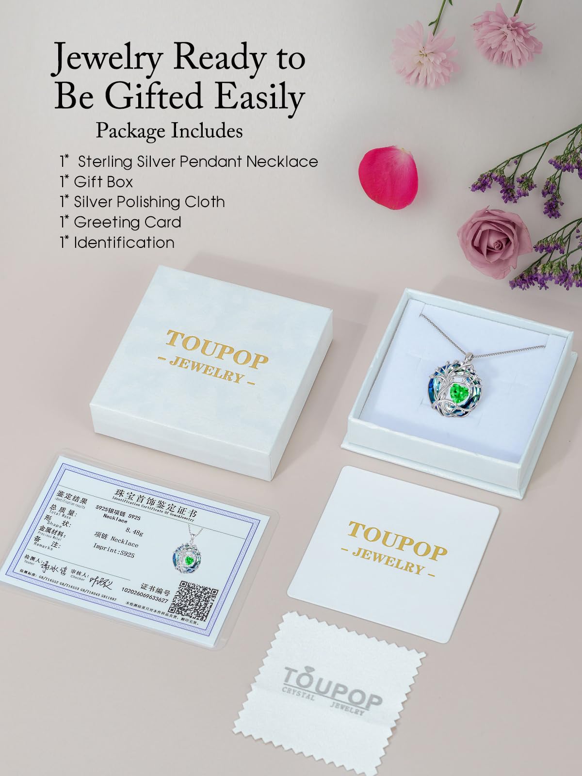 TOUPOP Tree of Life Birthstone Necklace Sterling Silver Pendant Birthstone Necklaces with Blue Crystal Anniversary Birth