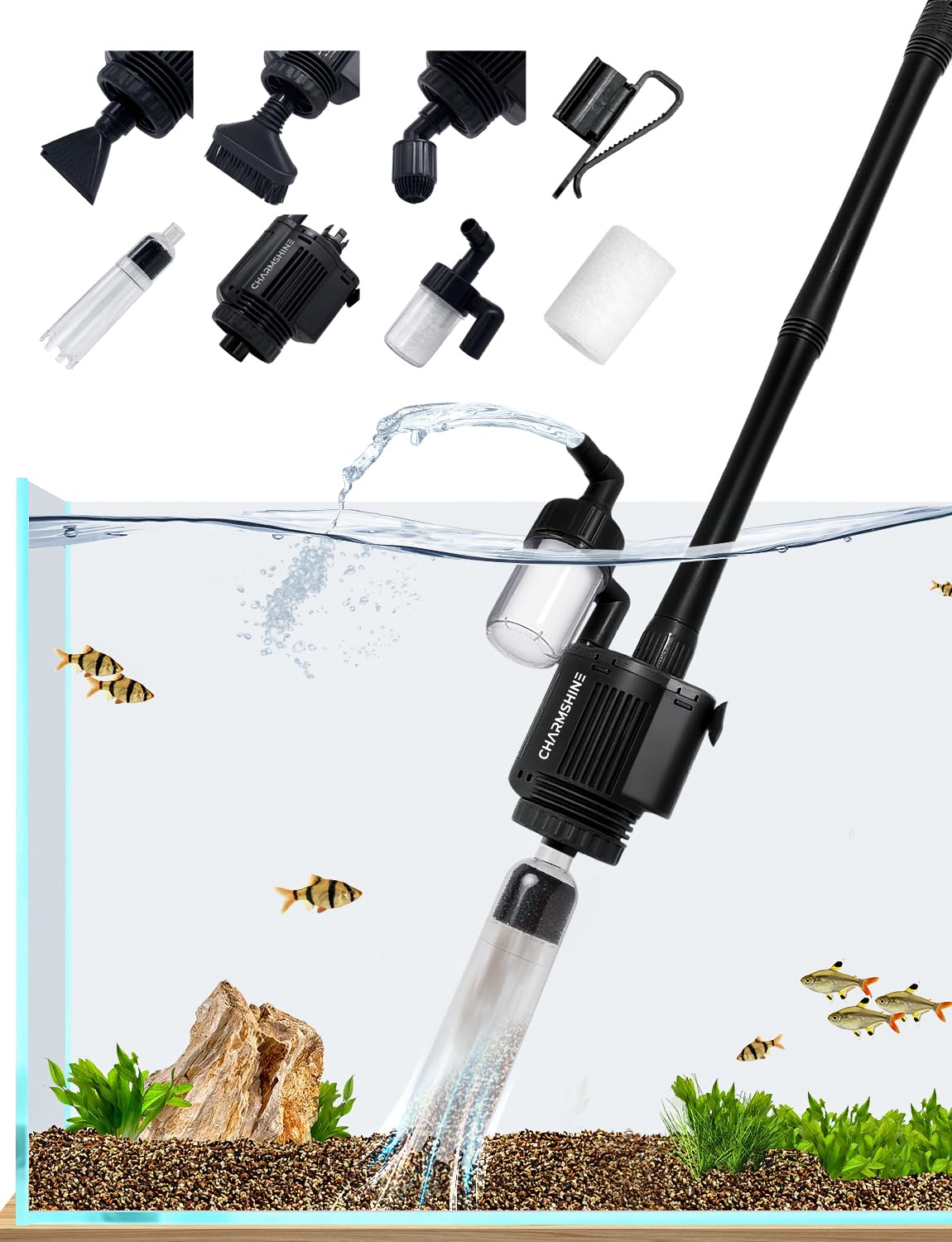 charmshine Gravel Vacuum for Aquarium, 6 in 1 Fish Tank Cleaner Tool Kit Electric Vacuum Gravel Cleaner for Aquarium Aut