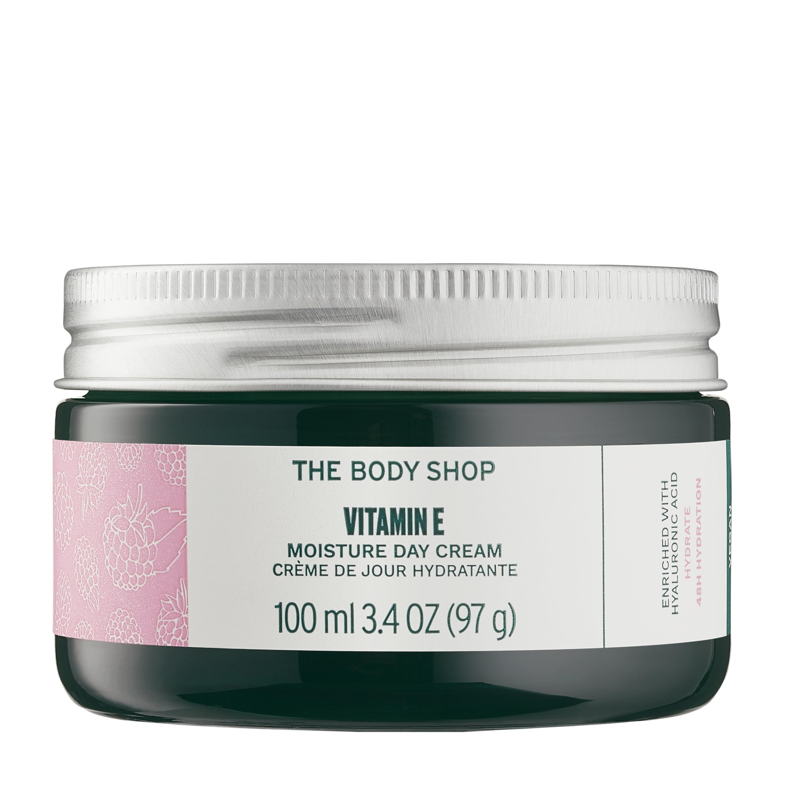 The Body Shop Vitamin E Moisture Cream in a 3.4 oz jar, showing the fast-absorbing moisturizer suitable for all skin types.