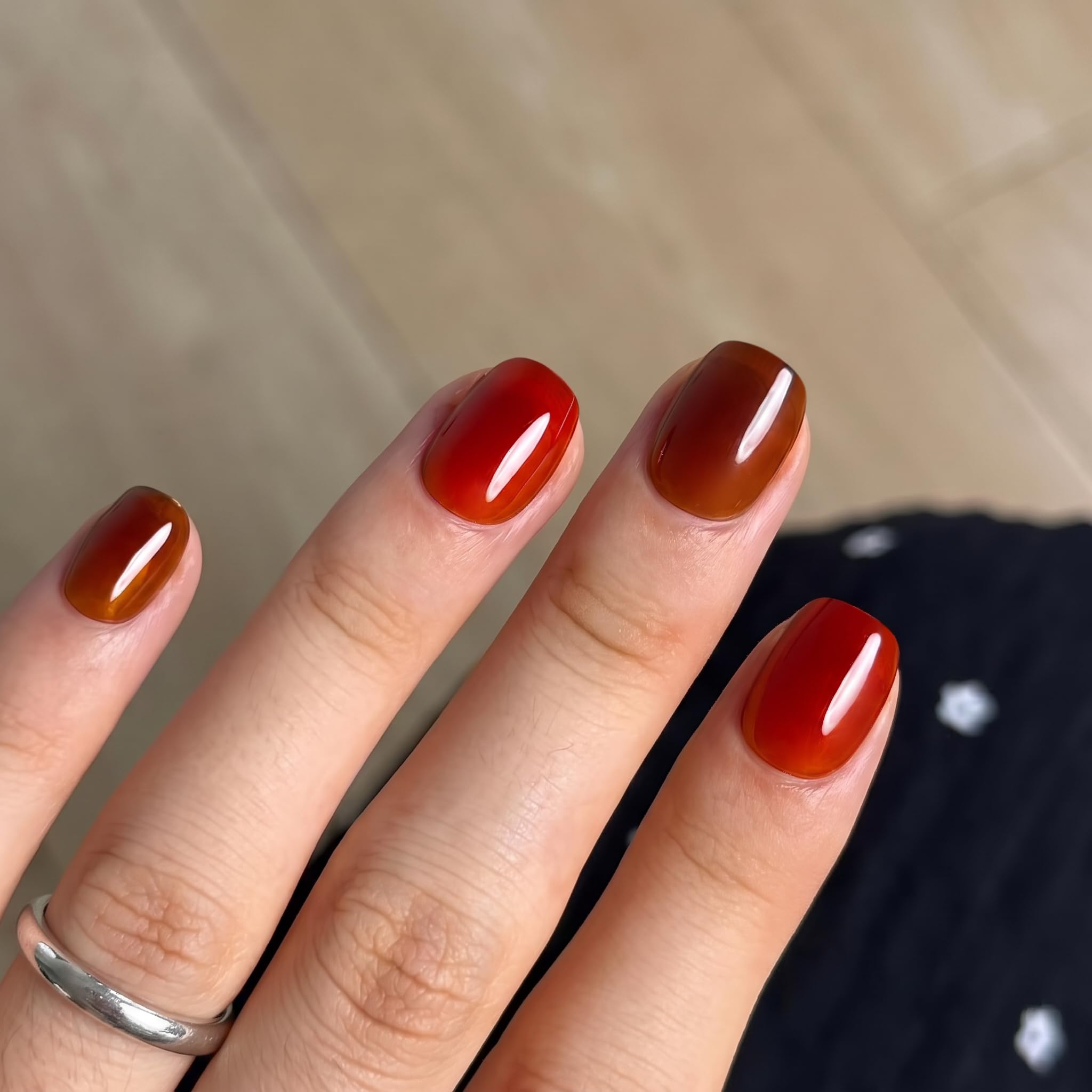 CurvLife Jelly Glaze Extra Short Square Press On Nails, Persimmon Brown Red