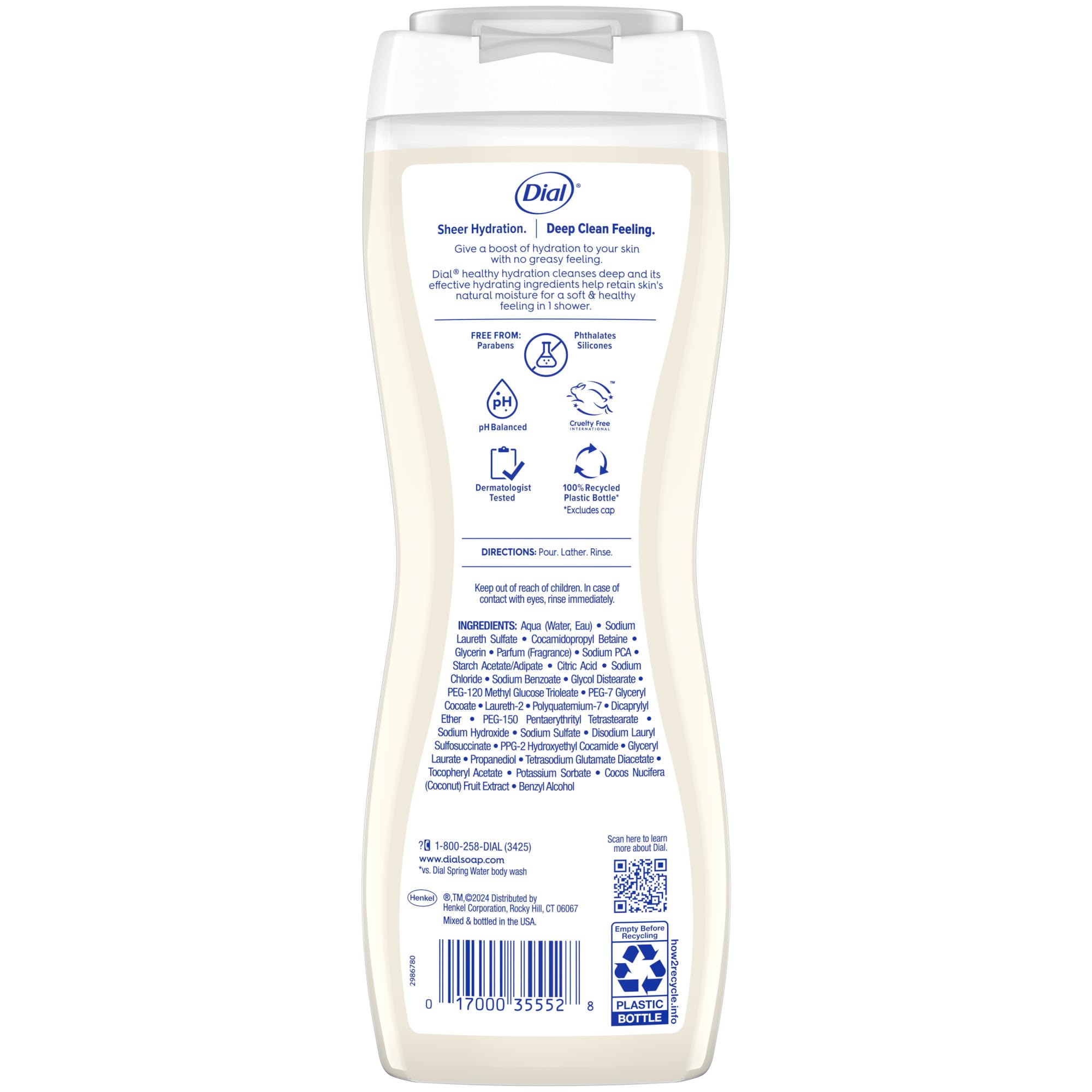 Dial Healthy Hydration Body Wash with coconut milk and vitamin E bottles, 16 fl oz each, 4-pack for nourishing skin cleaning.