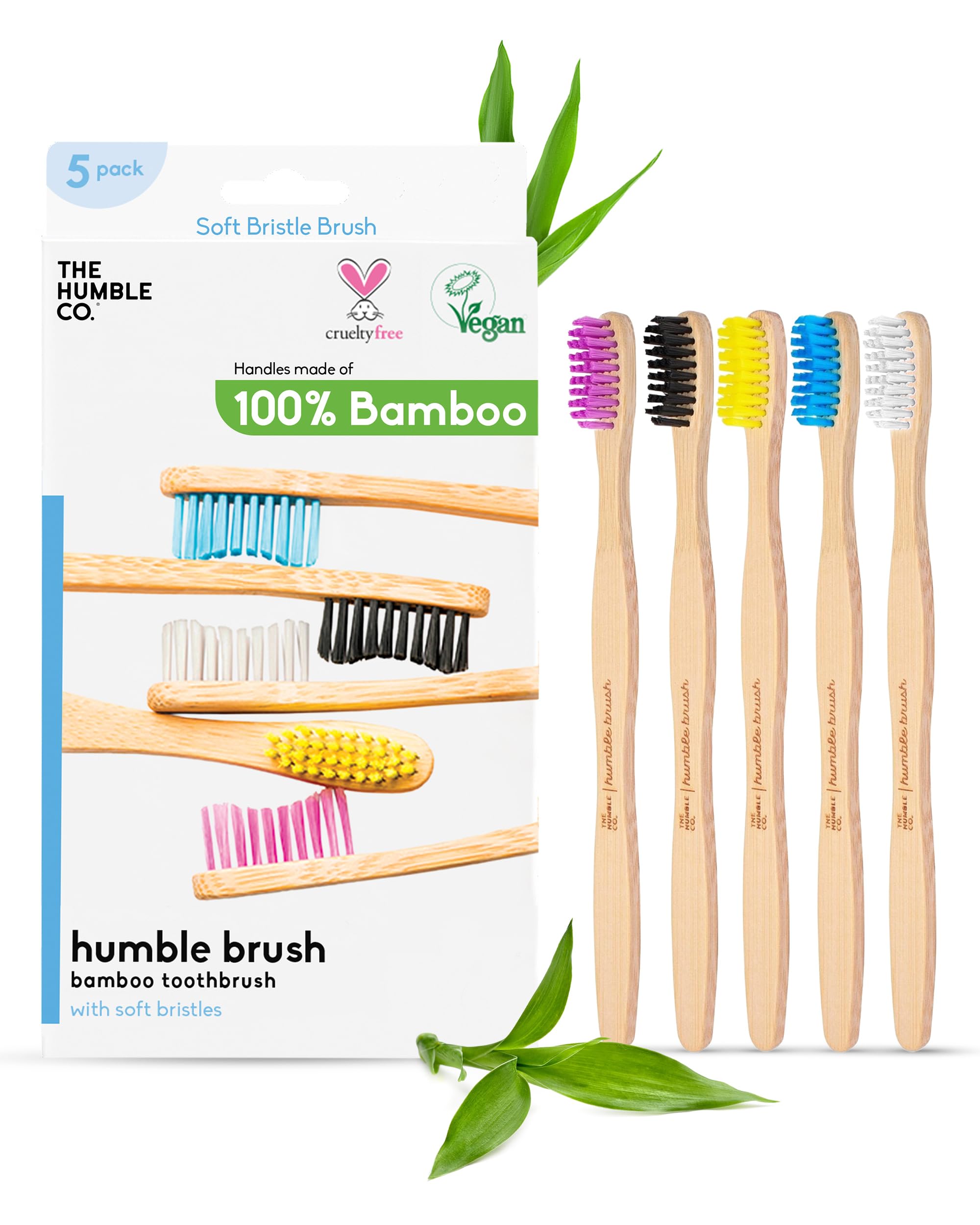 Set of five The Humble Co. bamboo toothbrushes with soft bristles, BPA-free eco-friendly toothbrushes in a natural bamboo finish.