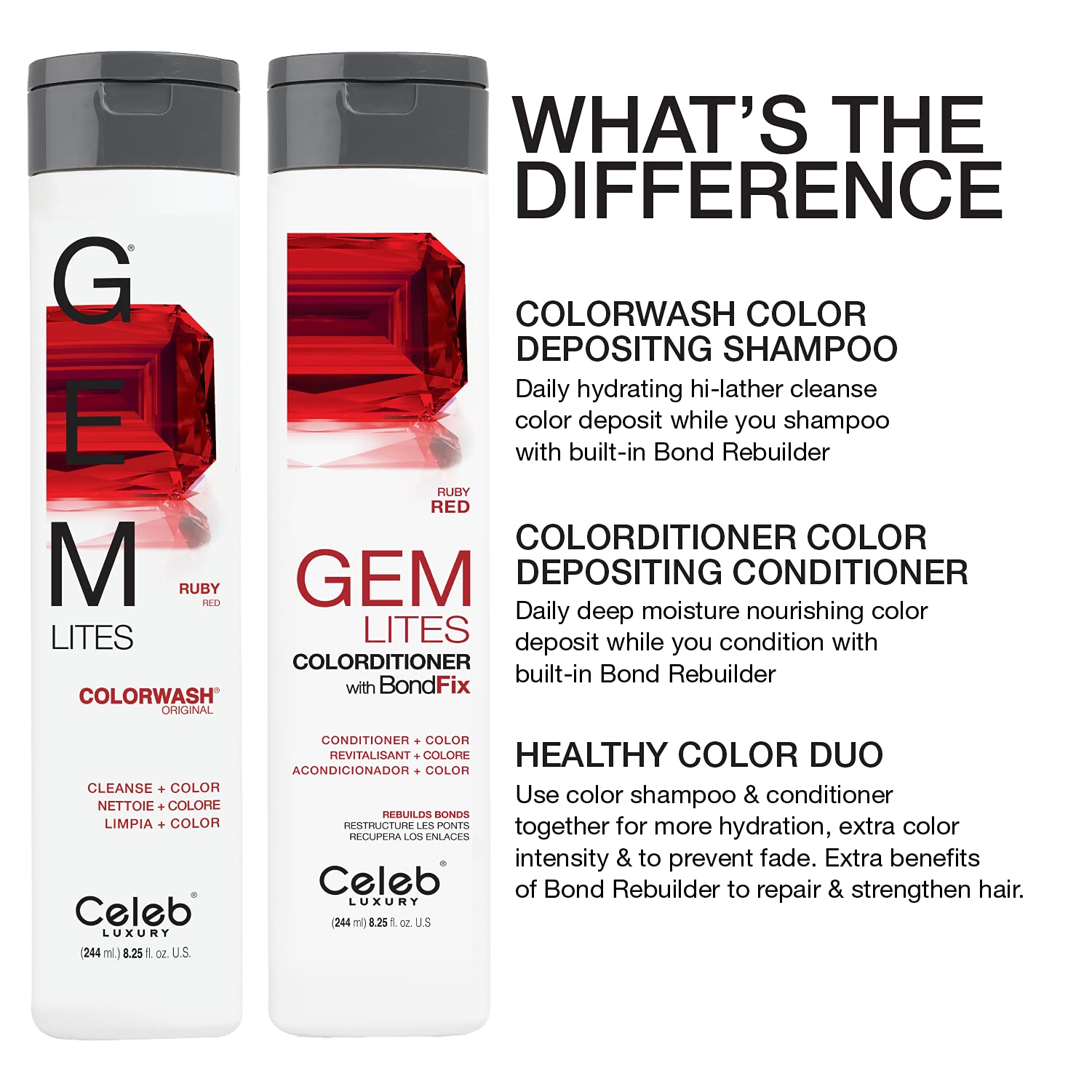 Celeb Luxury Gem Lites Ruby Colorwash Shampoo in 8.25 oz bottle, showcasing vibrant red hair color and shampoo packaging