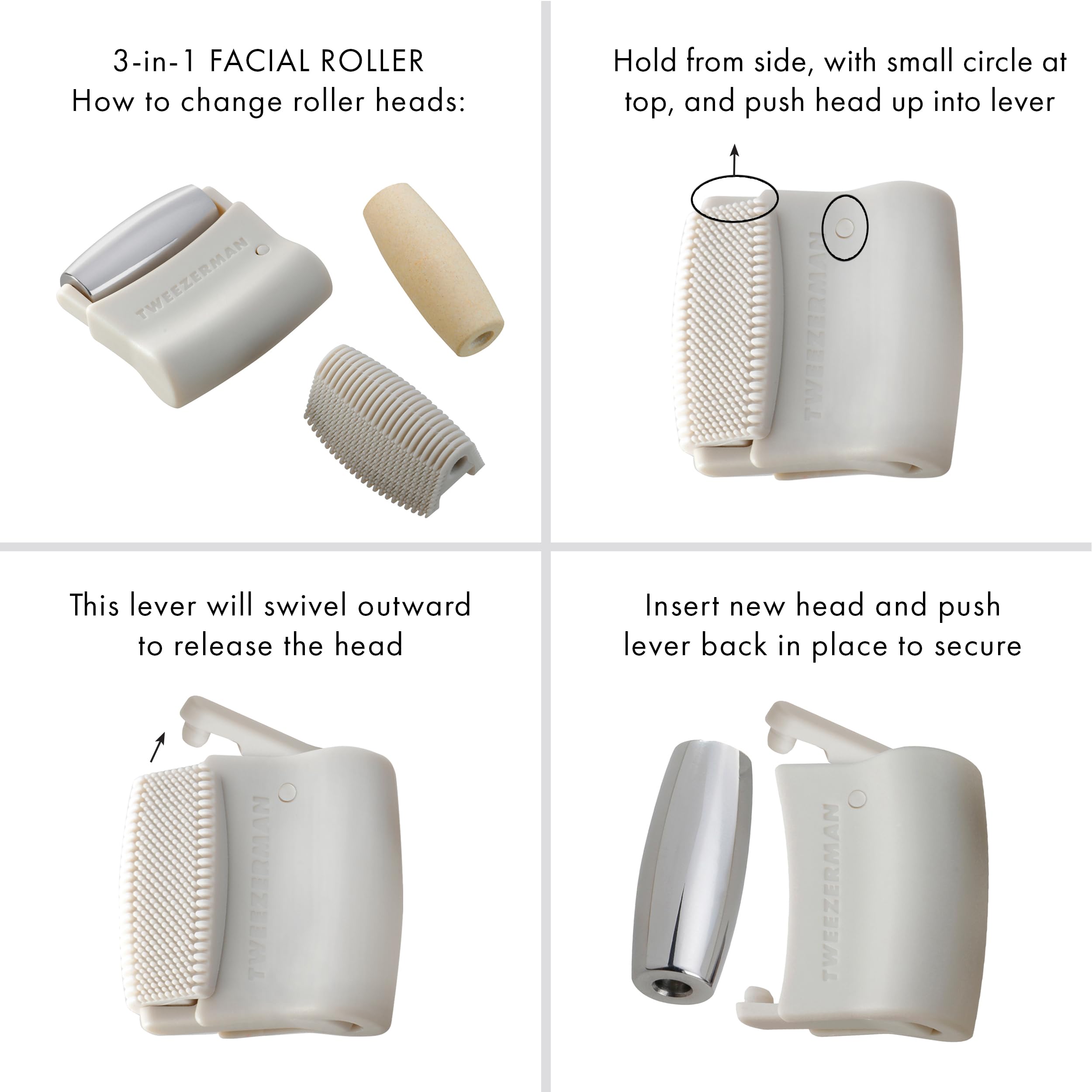 Tweezerman 3-in-1 facial roller set with multiple massagers for skincare and facial massage, featuring smooth stone rollers and ergonomic handles.