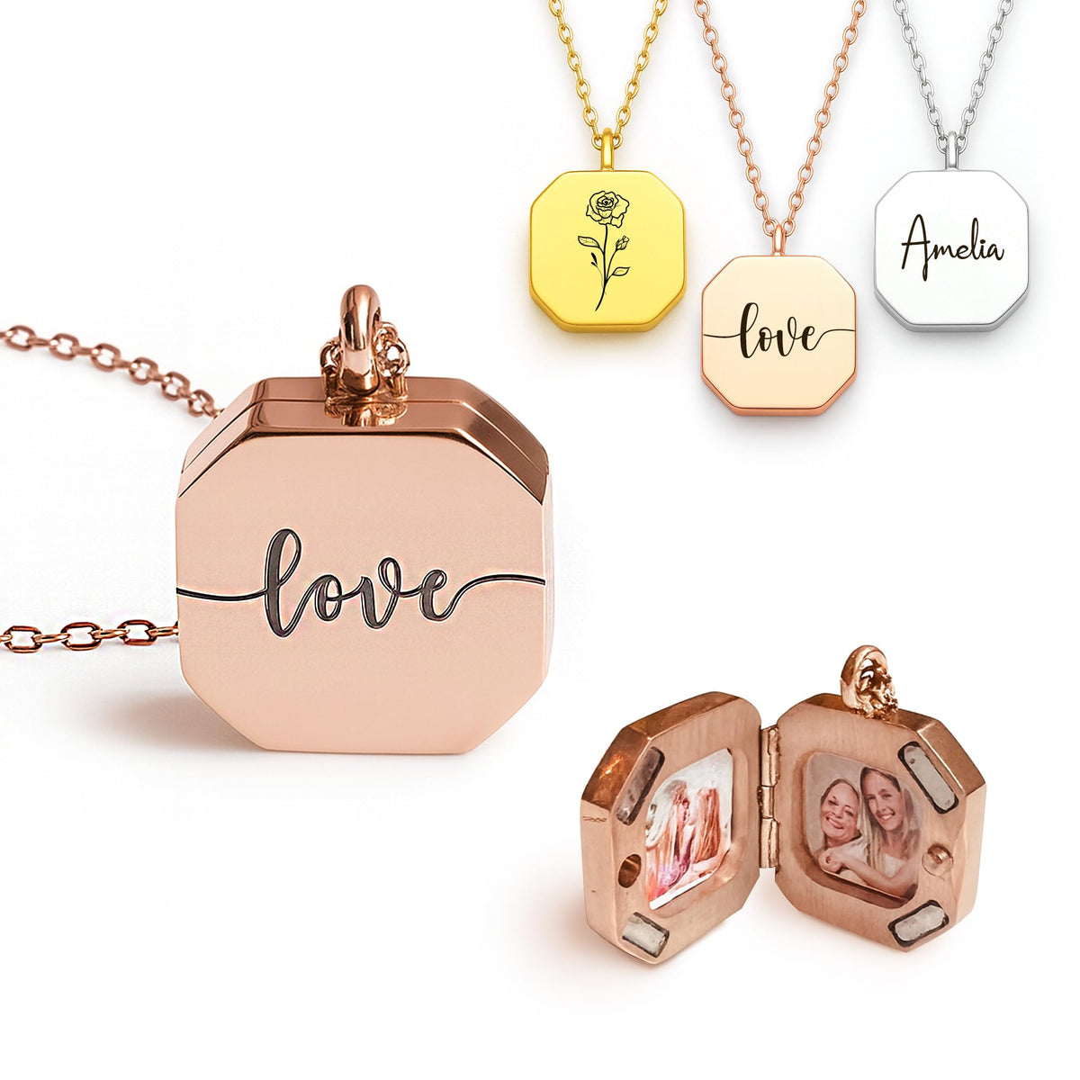 Twenty&Sixty Custom Photo Hexagon Locket Necklace – Square Locket Style - Personalized Gift for Her – Handmade Stainless