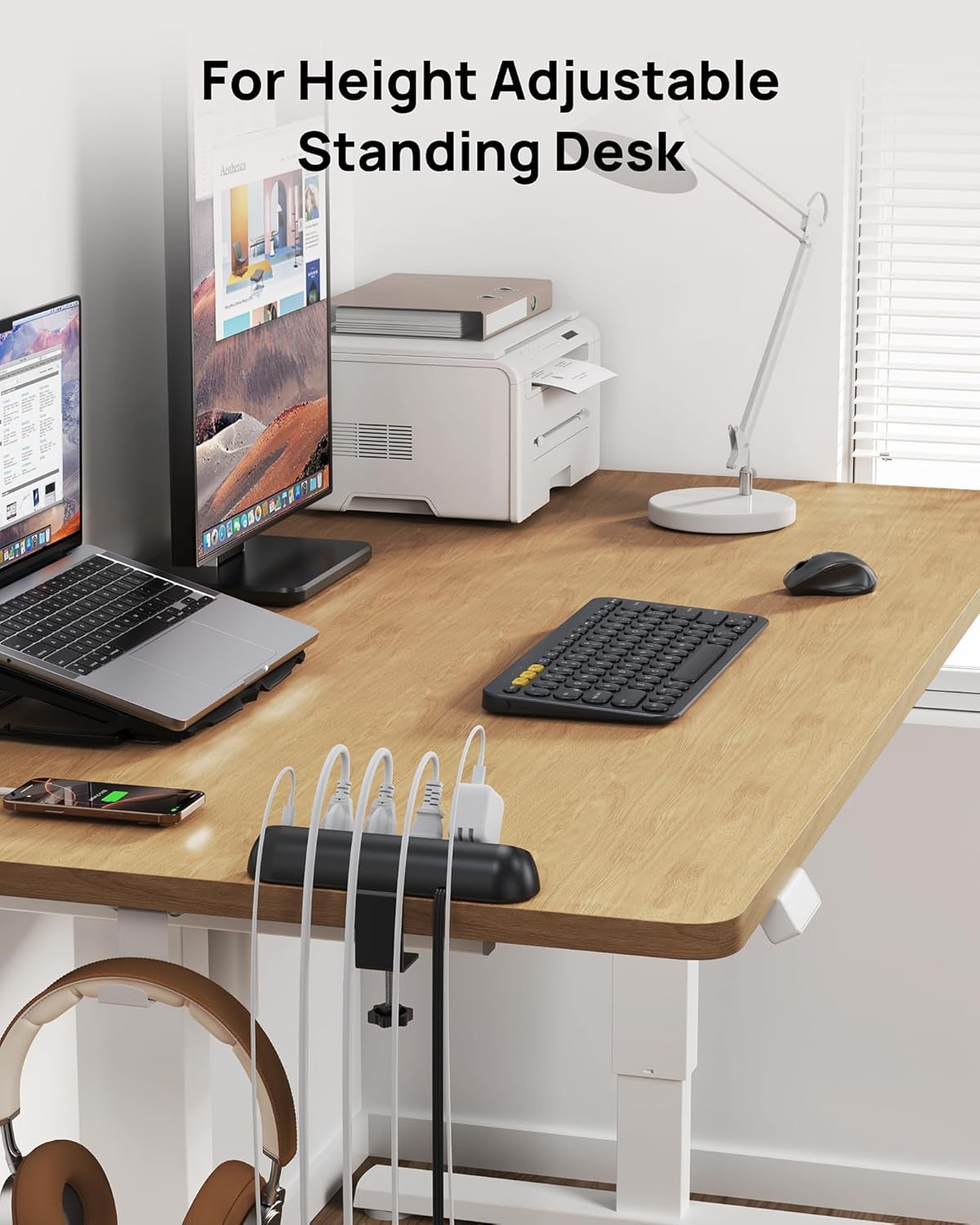TROND Desk Clamp Power Strip USB C PD 20W, Flat Plug 6ft, 1700J, ETL Listed – back view and specifications