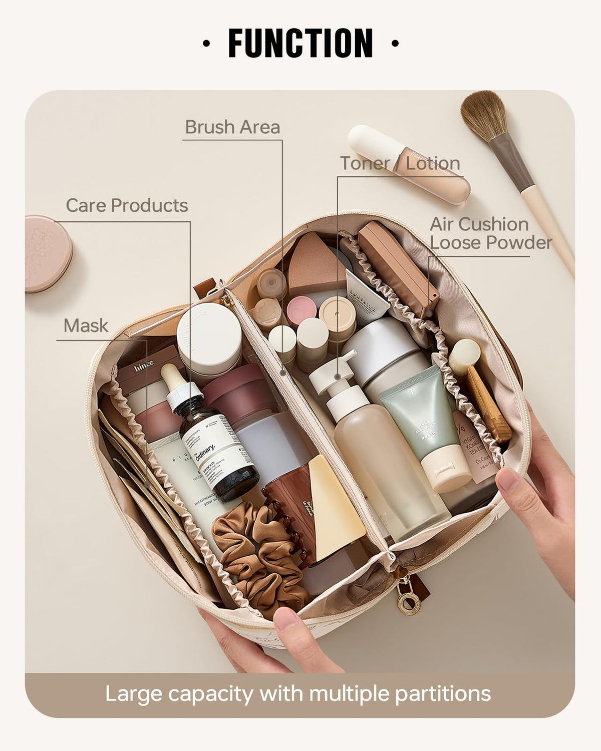 EACHY Travel Makeup Bag, Floral Cosmetic Bag for Women, Beige, Medium – packaging and label
