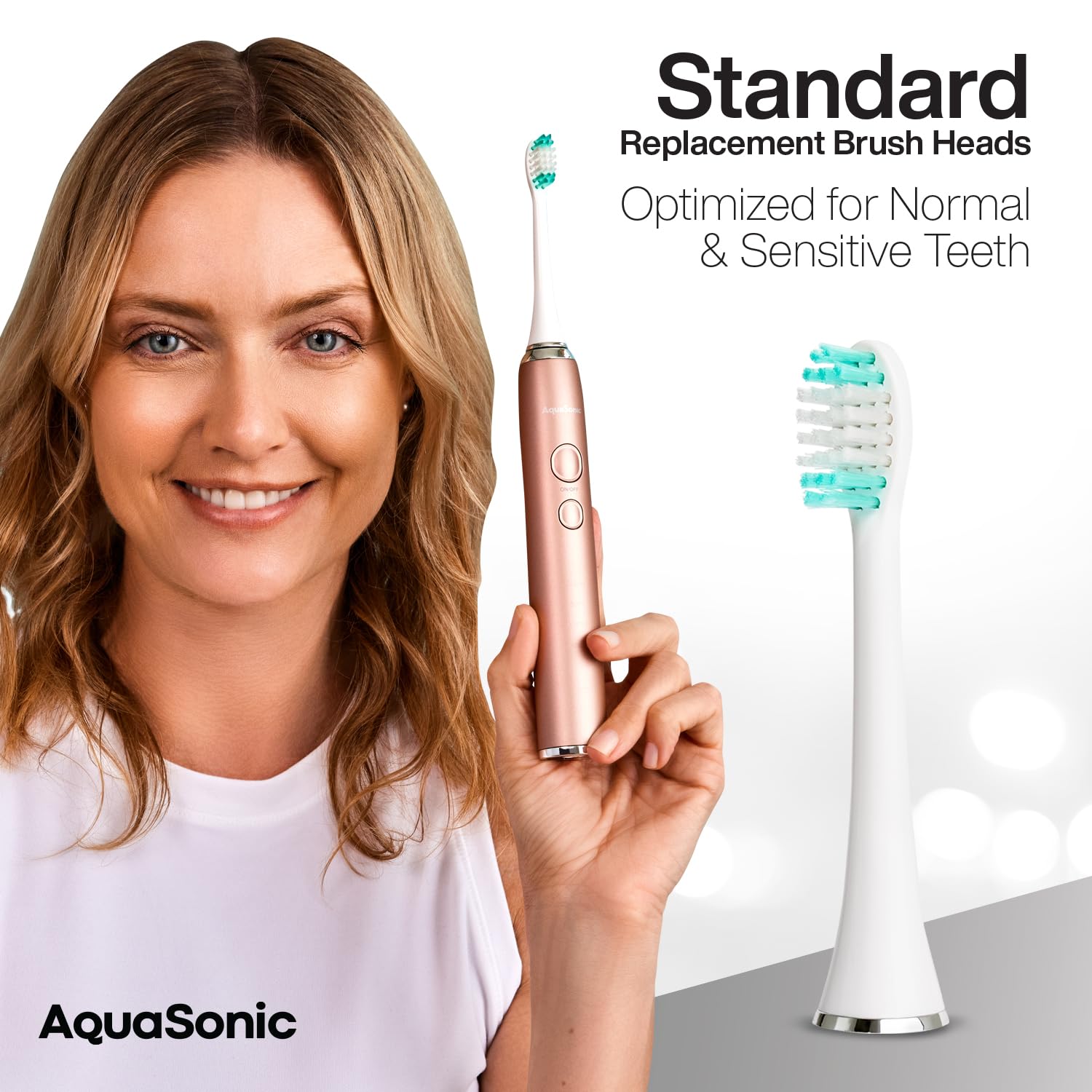 Eight AquaSonic genuine replacement toothbrush heads for normal and sensitive teeth, compatible with AquaSonic toothbrush handles.