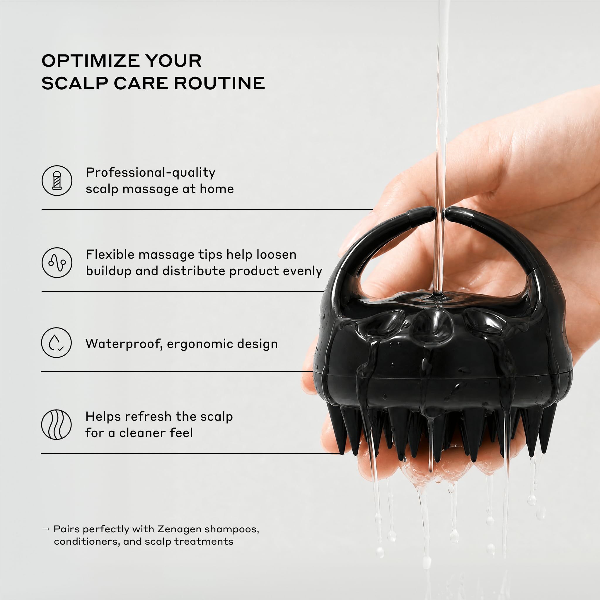 Zenagen scalp massager showing ergonomic handle and silicone massage nodes for stimulating scalp circulation.