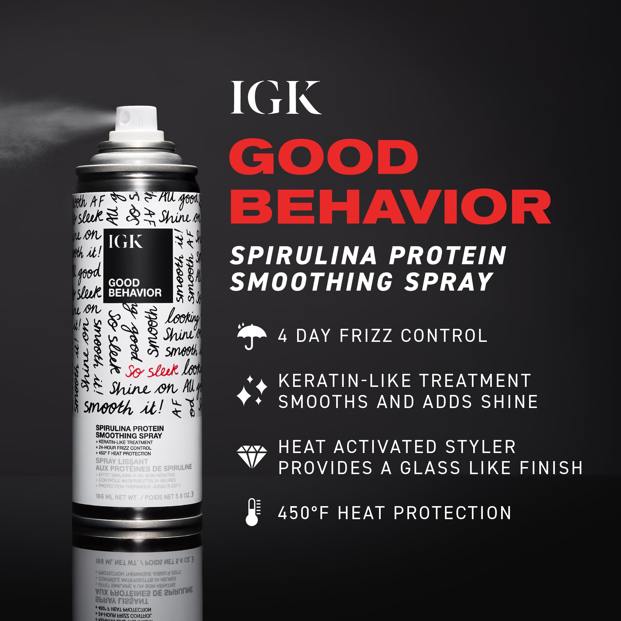 IGK Good Behavior Spirulina Smoothing Spray 5.6oz hair styling agent, shown in a clear bottle with spray nozzle
