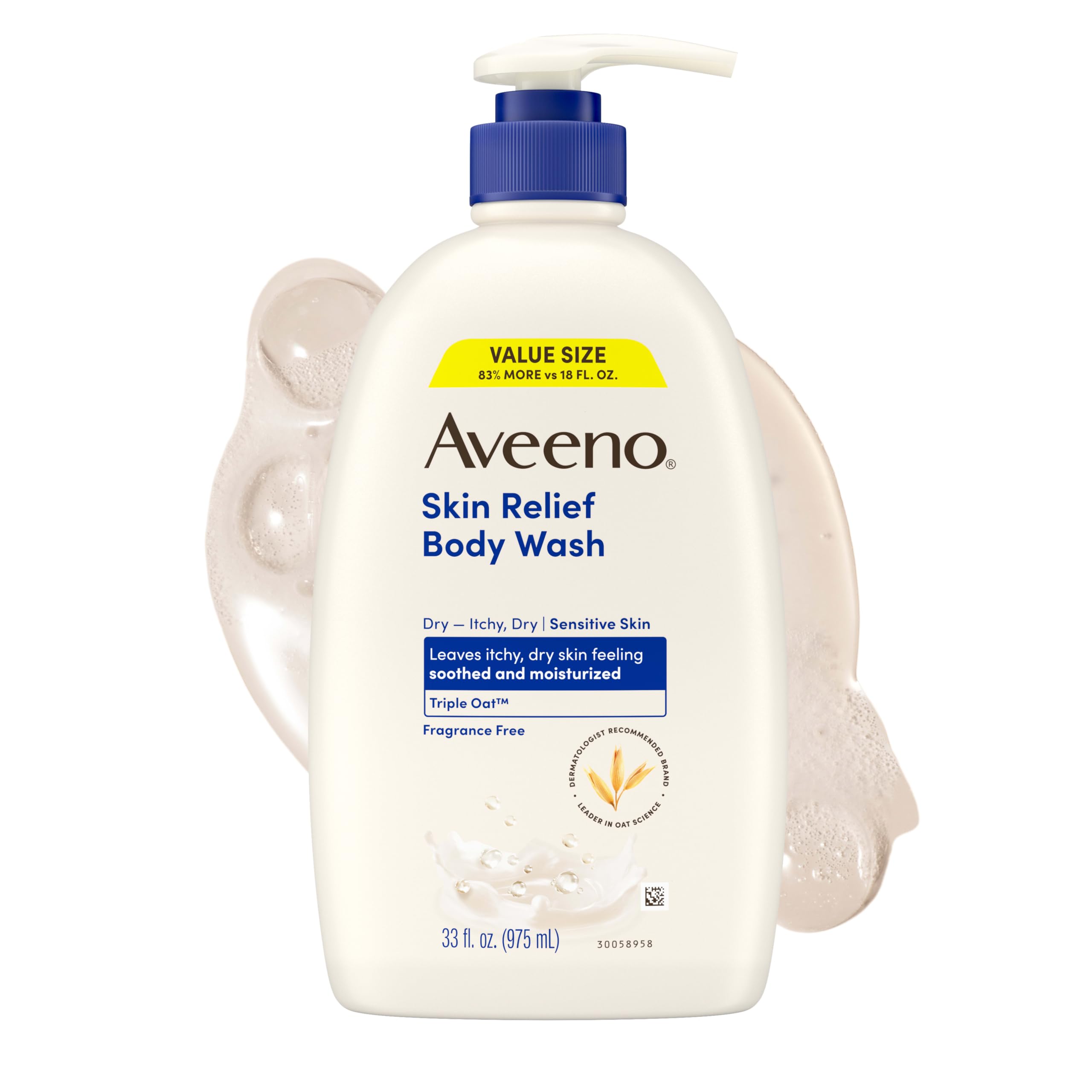 Aveeno Skin Relief Body Wash with Triple Oat Complex, fragrance-free, gentle for sensitive skin, soothing and moisturizing in a 33 fl oz bottle.