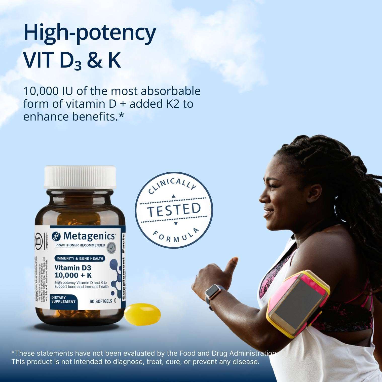 Metagenics Vitamin D3 K2 10000 IU MK-7 softgels, dietary supplement bottle with 60 softgel capsules for bone and immune health.
