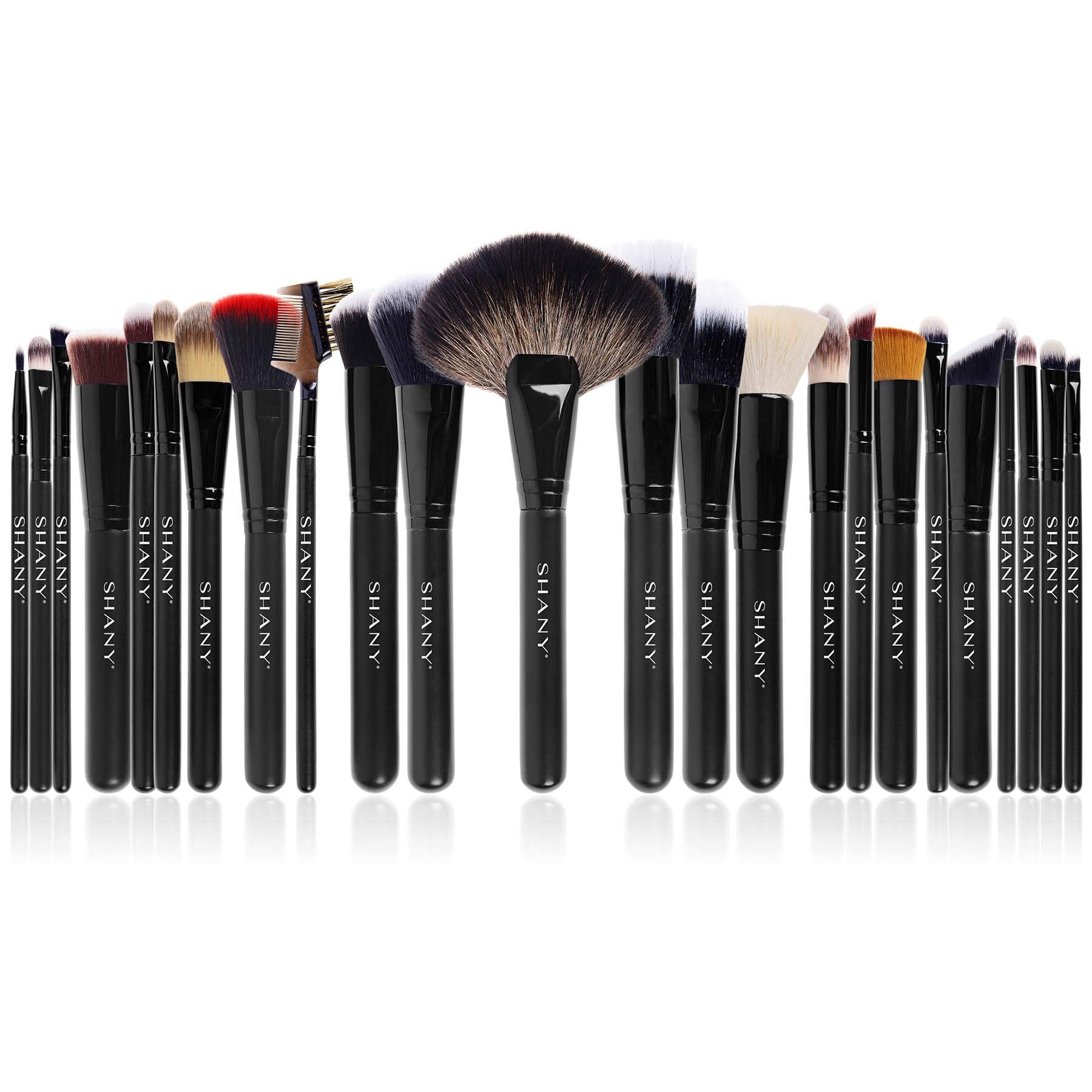 Set of 24 SHANY pro signature makeup brushes with natural wood handles and soft bristles, ideal for detailed cosmetic application.