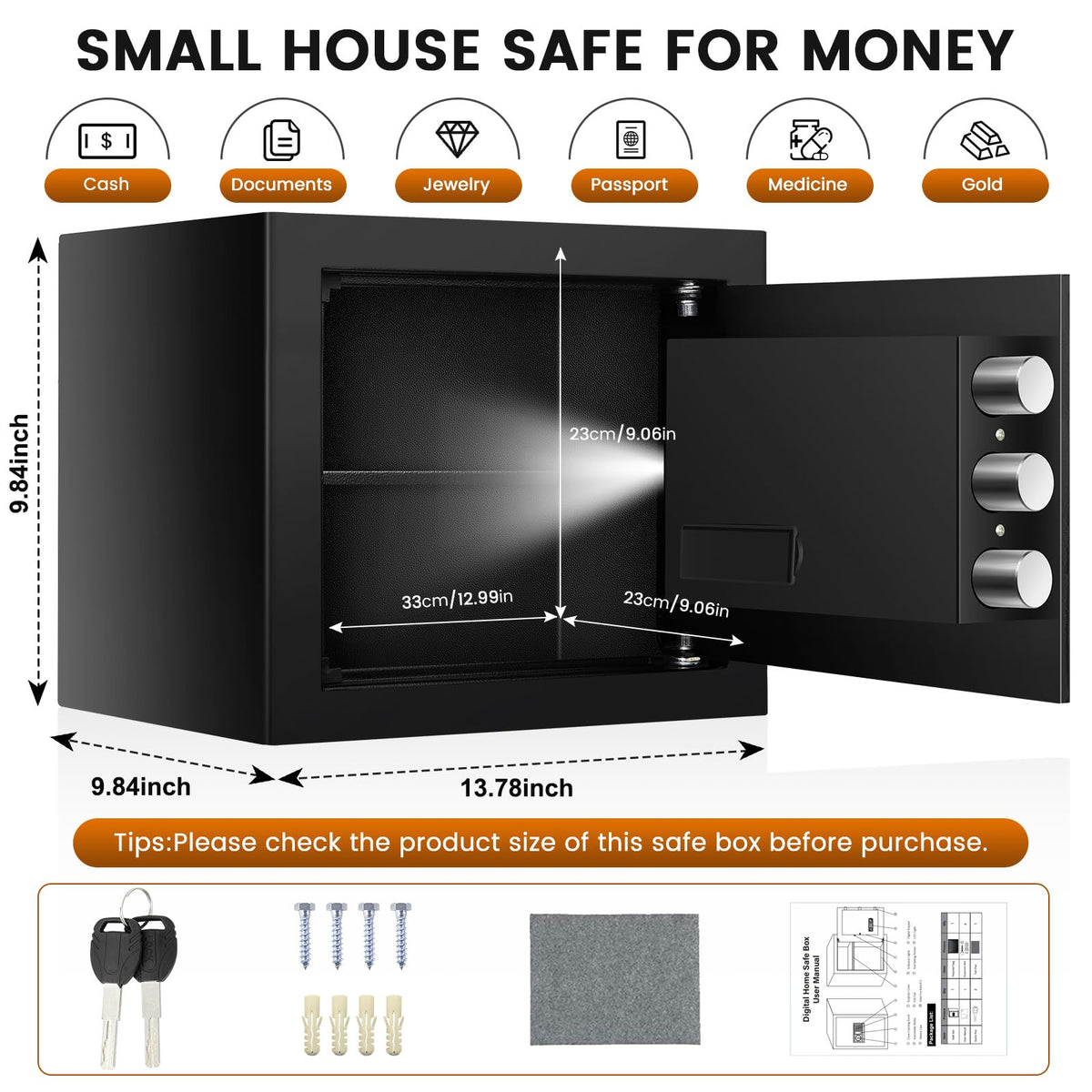 FOWORE 9.84'' H Home Safe Box, Small Safe with Fireproof Waterproof Bag – close-up detail in Black