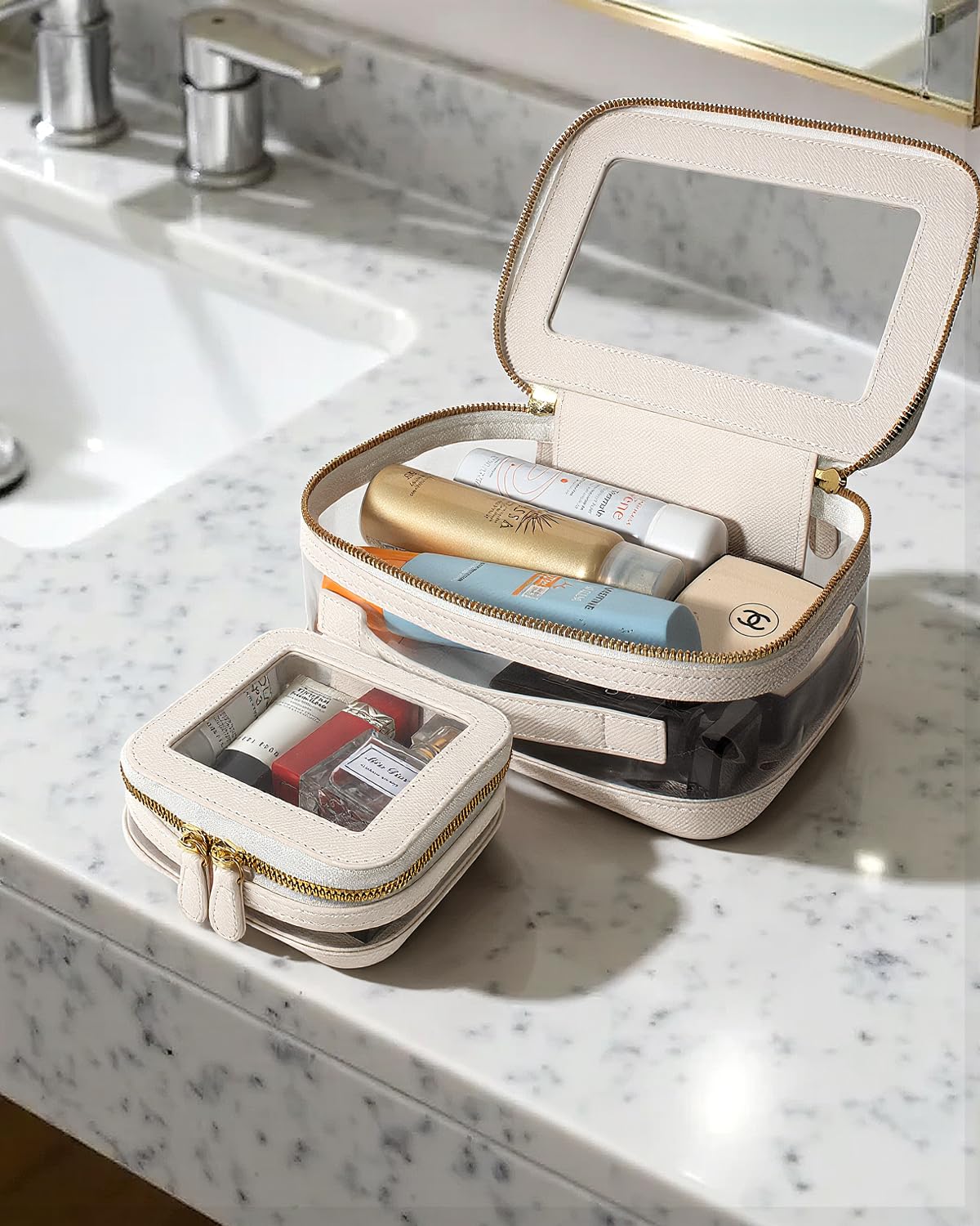 FFpaw Clear Makeup Bag Set, Travel Makeup Bag Small Portable Clear Makeup Pouch Cute Waterproof Cosmetic Case Zipper Mak