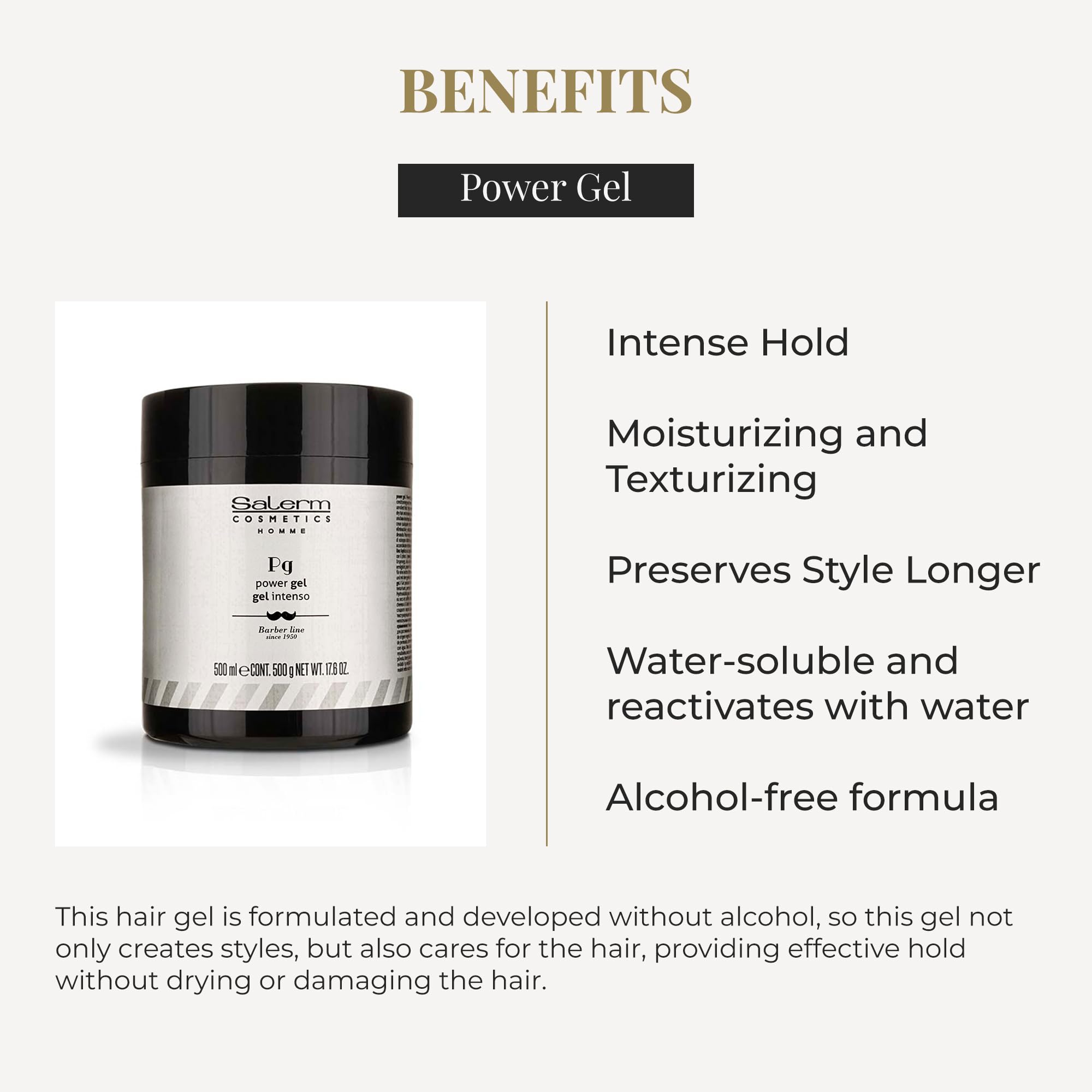 Salerm Homme Power Gel hair styling gel with intense hold, 500ml, in a clear container showing the gel's texture.