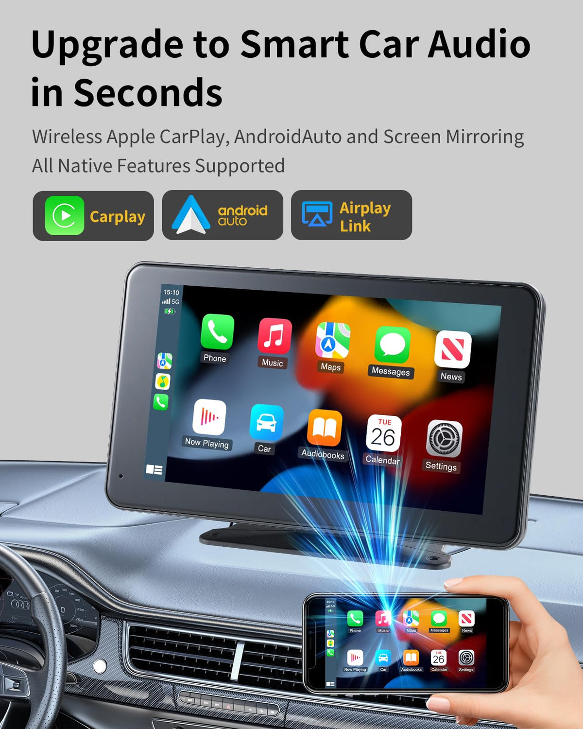 Haudio Wireless CarPlay & Android Auto Screen for Car - 7" Portable Car Stereo with 1080P Backup Camera, GPS Navigat