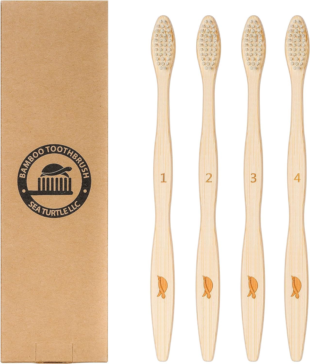 Sea Turtle bamboo toothbrushes with plant-based soft bristles, 4-pack, eco-friendly toothbrushes for gentle cleaning.