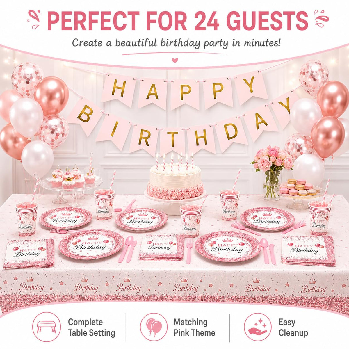 ZIRICHER 212Pcs Pink Birthday Party Supplies Set, Disposable Plates Napkins Cups Cutlery Tableware Kit with Balloons Ban