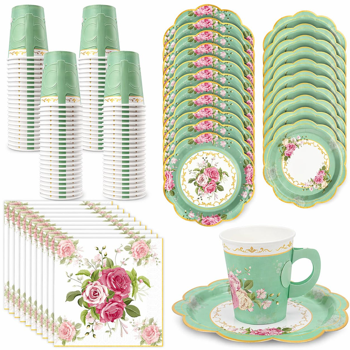 EggSun 200Pcs Floral Tea Cups and Saucers for Tea Party Supplies, Disposable Tea Cups with Handle and Paper Napkins Dinn