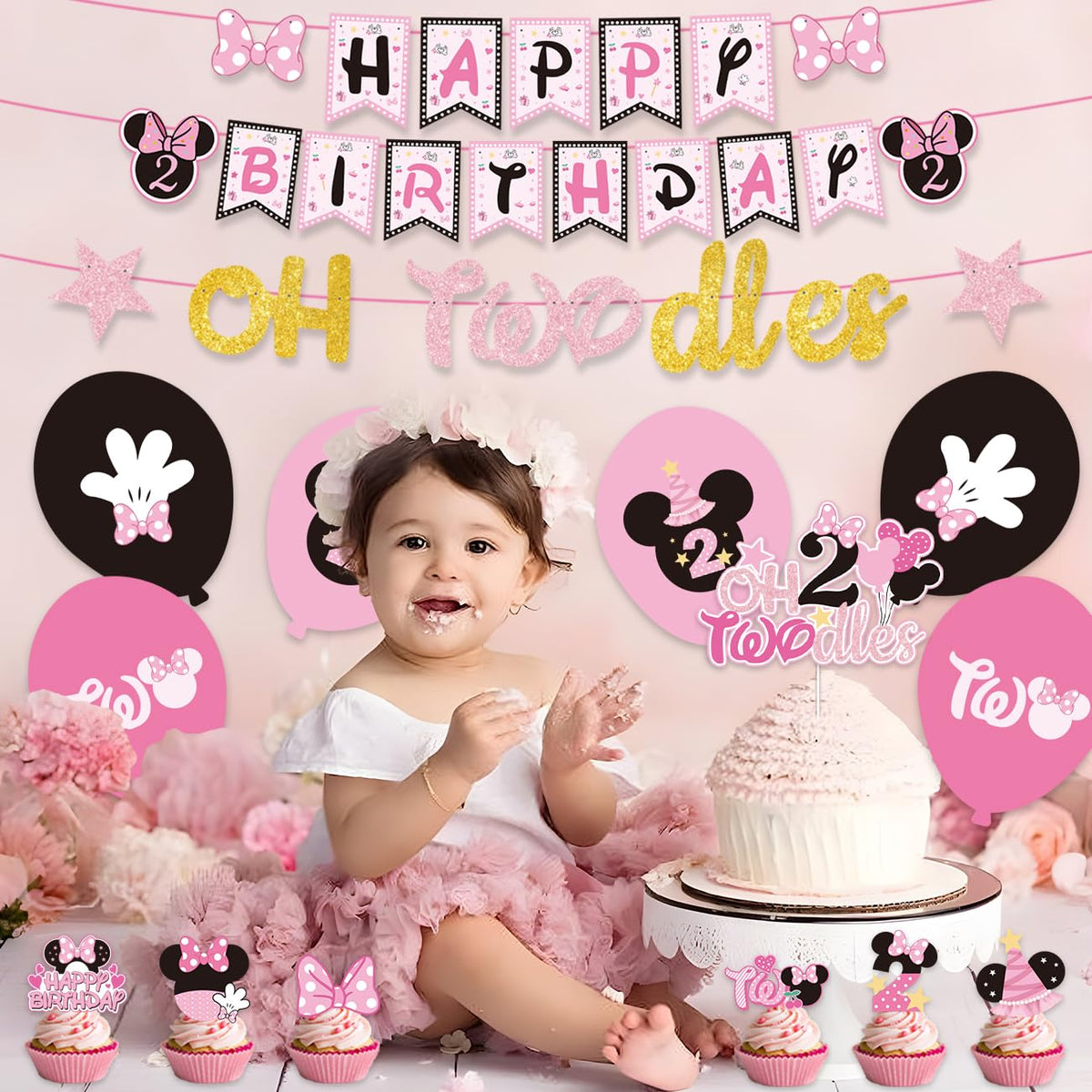 XHCYGWY 108Pcs Pink Mouse Birthday Decorations Tableware Oh Twodles Birthday Party Supplies Include Banner Plates Napkin