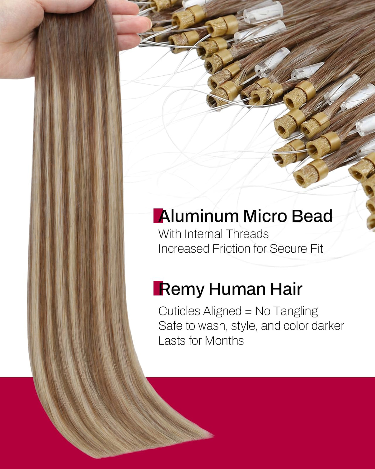 Moresoo Micro Bead Hair Extensions Real Human Hair, Brown Blonde Ombre – close-up detail in M-#8/22/8 Balayage Light Bro