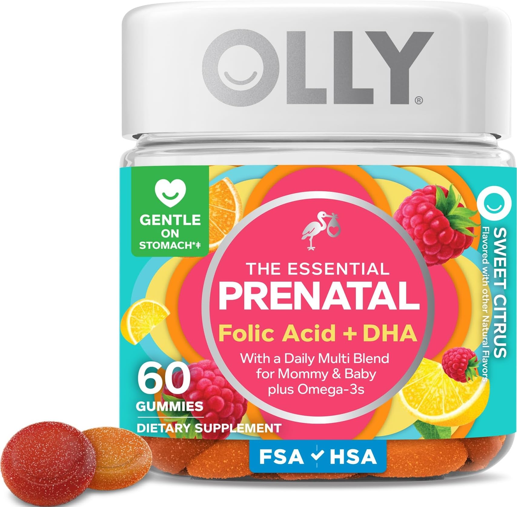 OLLY Prenatal Multivitamin Gummy bottle showing 60 count daily supplement for expecting moms and babies, colorful fruit-flavored vitamins
