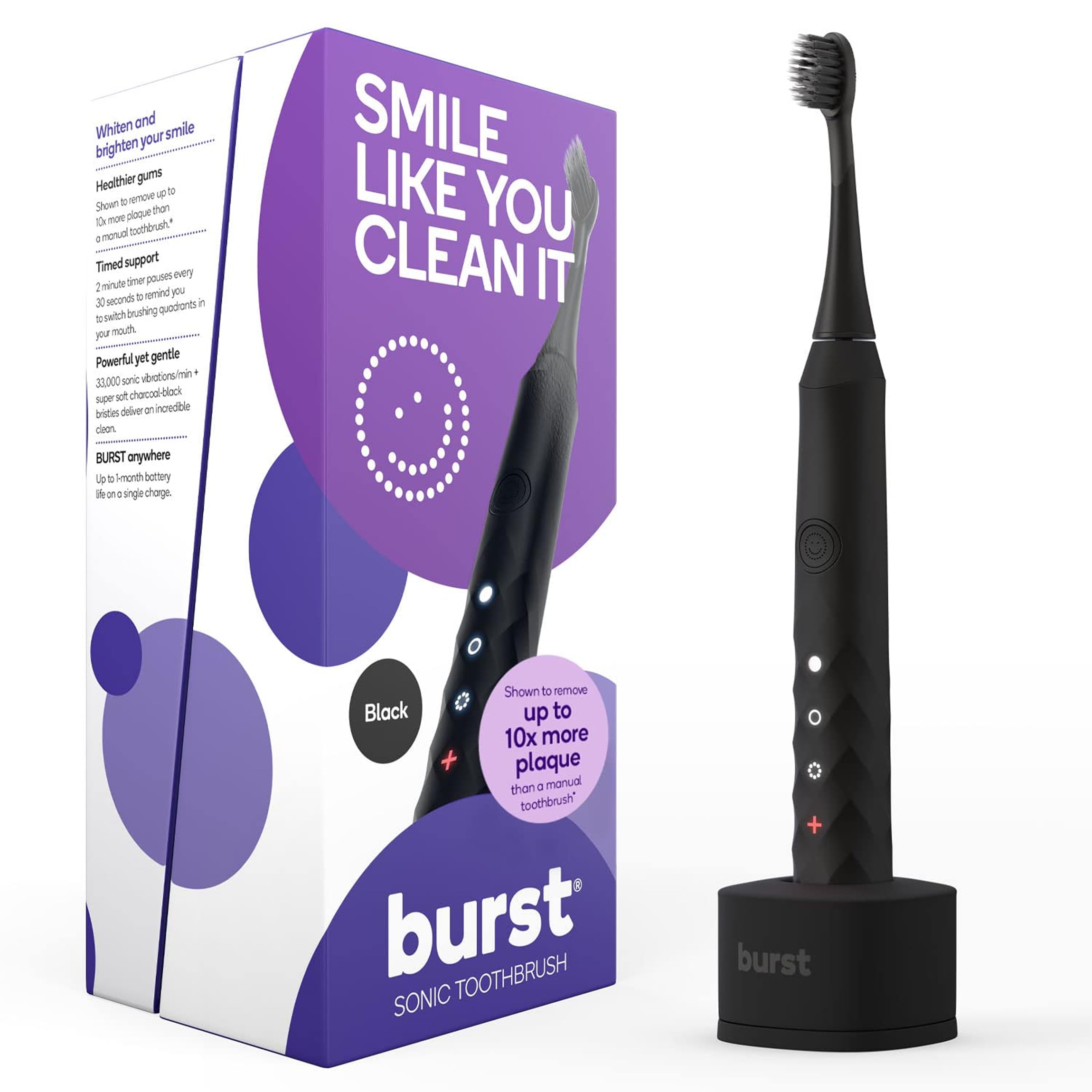 Burst Original Sonic Electric Toothbrush for Adults (Black) | - Product Imagery