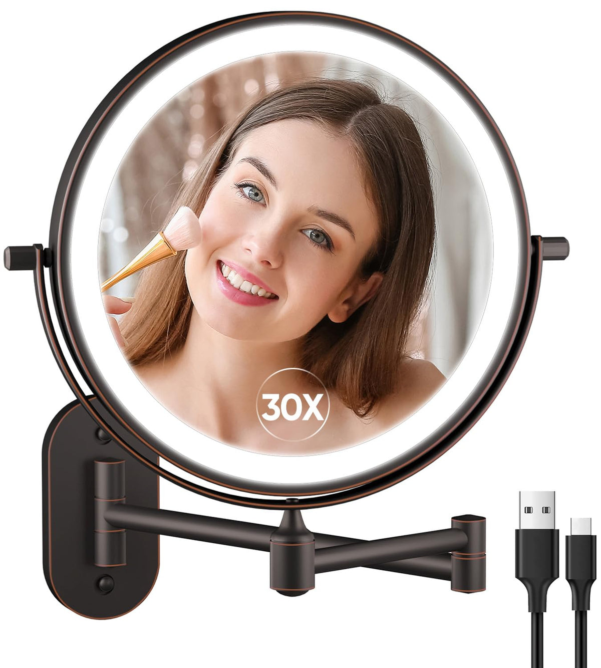 FUNTOUCH 5000mAh Rechargeable Wall Mounted Lighted Makeup Mirror Double Sided 1X30X – Antique Bronze, Stainless Steel