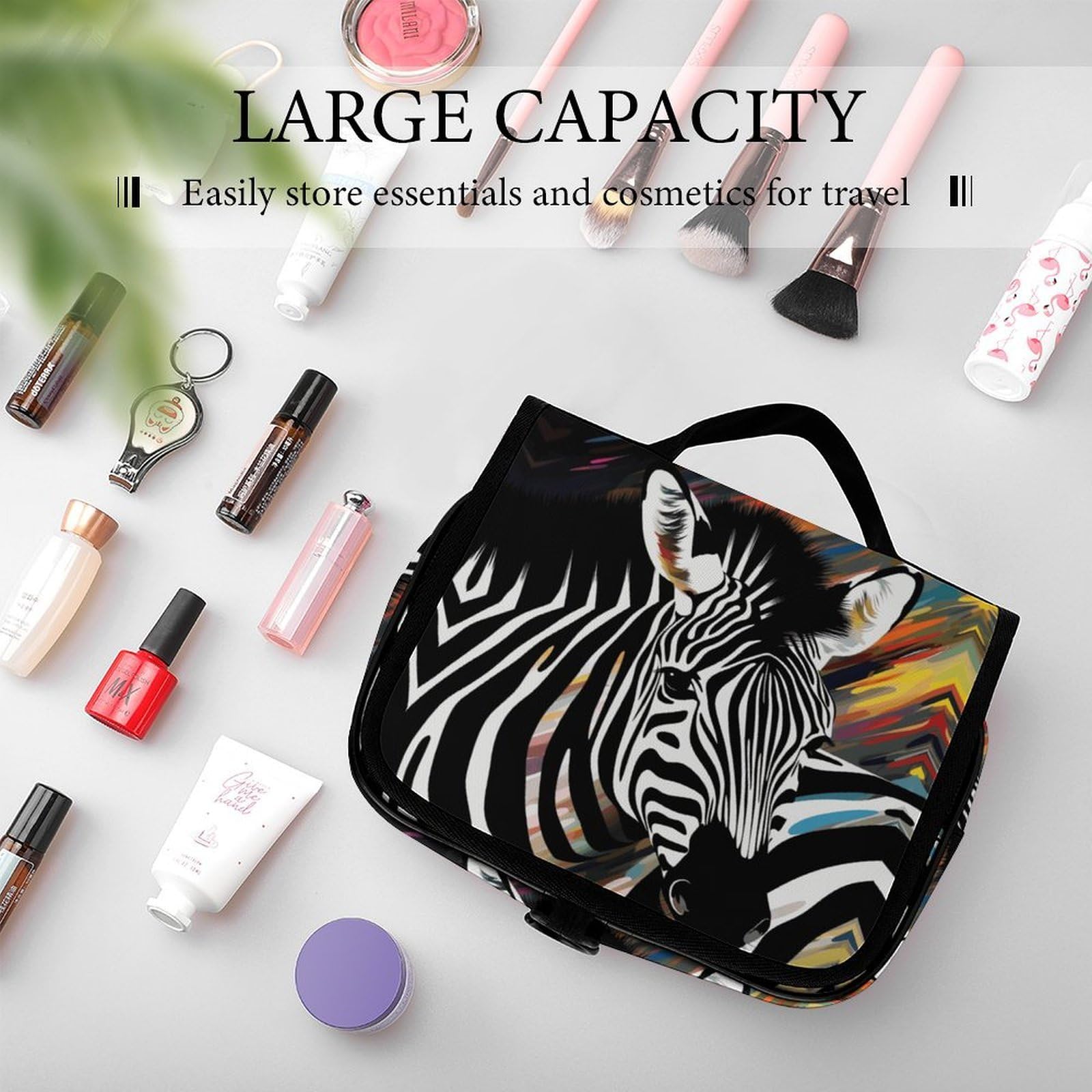 JTREHY Abstract Animal Zebra Hanging Toiletry Bag, Lightweight Durable Polyester Travel Cosmetic Organizer with Hook, Multi-Compartment Wash Bag for Travel Gym Camping Bathroom Storage