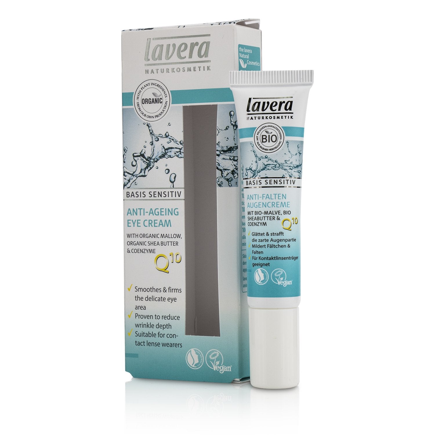 Lavera Basis Sensitiv anti-ageing eye cream in a 0.5 ounce jar, moisturizing and reducing signs of aging around the eyes.