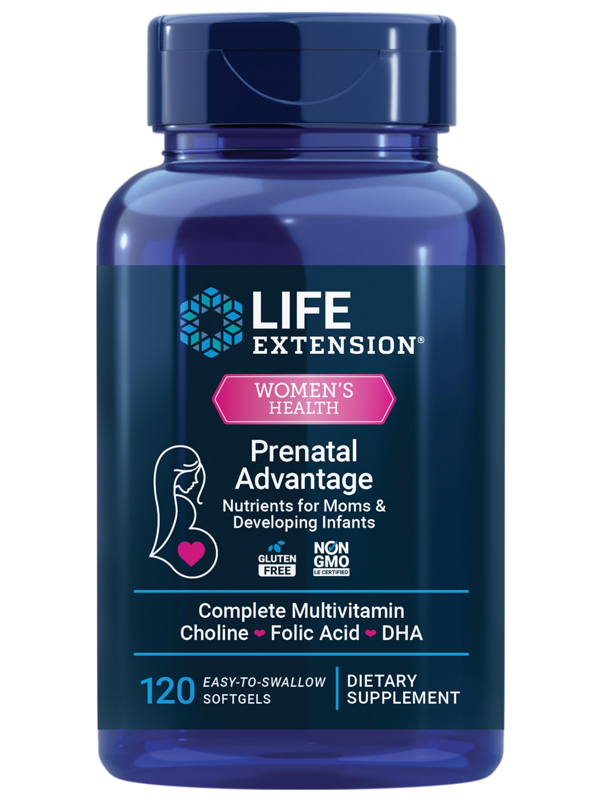 Life Extension Prenatal Advantage, Women’s multivitamin, Baby Support, folic Acid, Choline, omega-3s, Vitamin C, D3, B1, B6, B12, zinc, niacin, Gluten Free, Non-GMO, 120 softgels