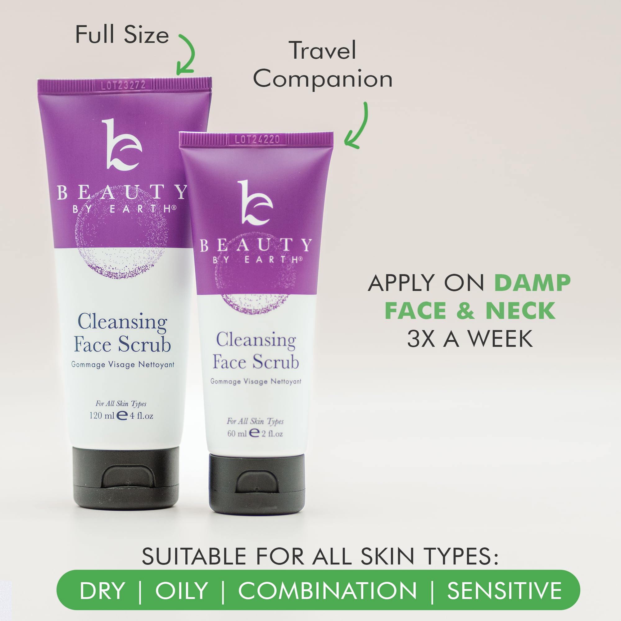 Beauty by Earth facial scrub exfoliator with natural organic ingredients, showing the exfoliating cream and natural packaging.