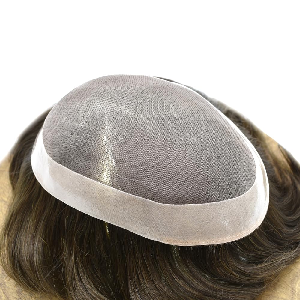 Curve Hair men's human hair toupee wig, light brown with gray, monofilament base, 7x9 inches, durable poly-coated men's hairpiece.