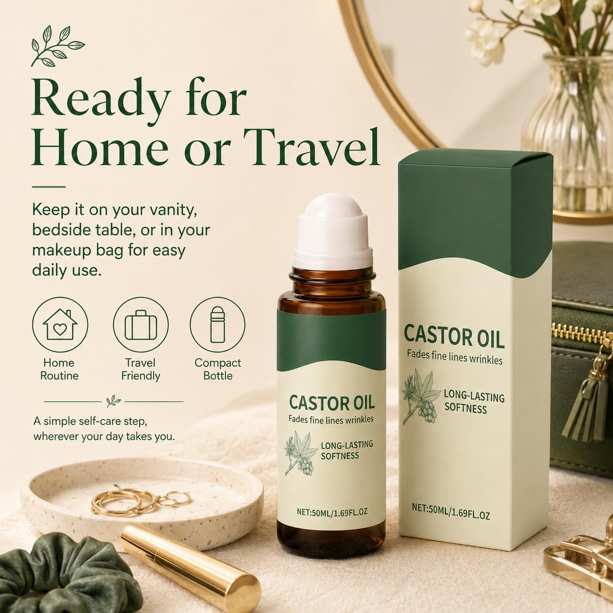 Nooche organic castor oil roll-on for hair, skin, and brows, cold-pressed, fragrance-free, moisturizing for scalp and daily beauty care.