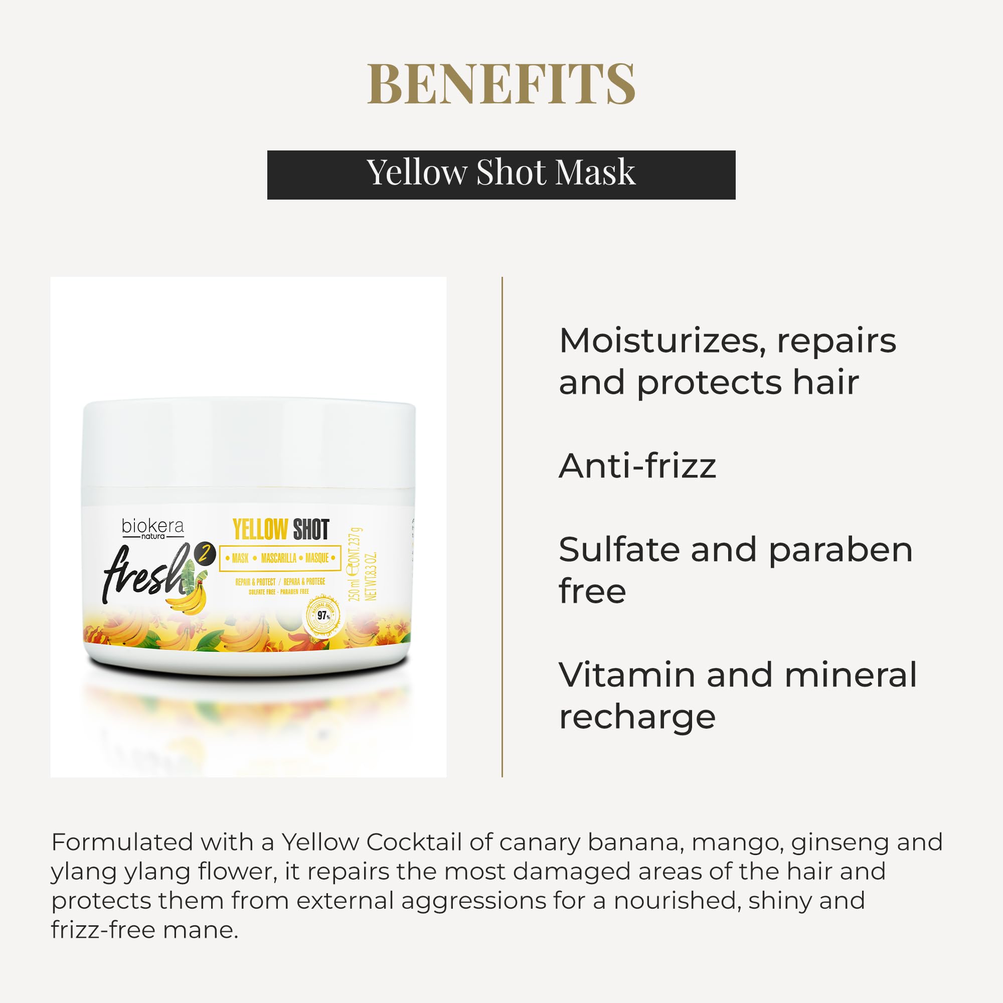 Salerm Biokera Fresh Yellow Shot Hair Mask 250ml in a tub, showing creamy yellow conditioner for hair nourishment and repair.
