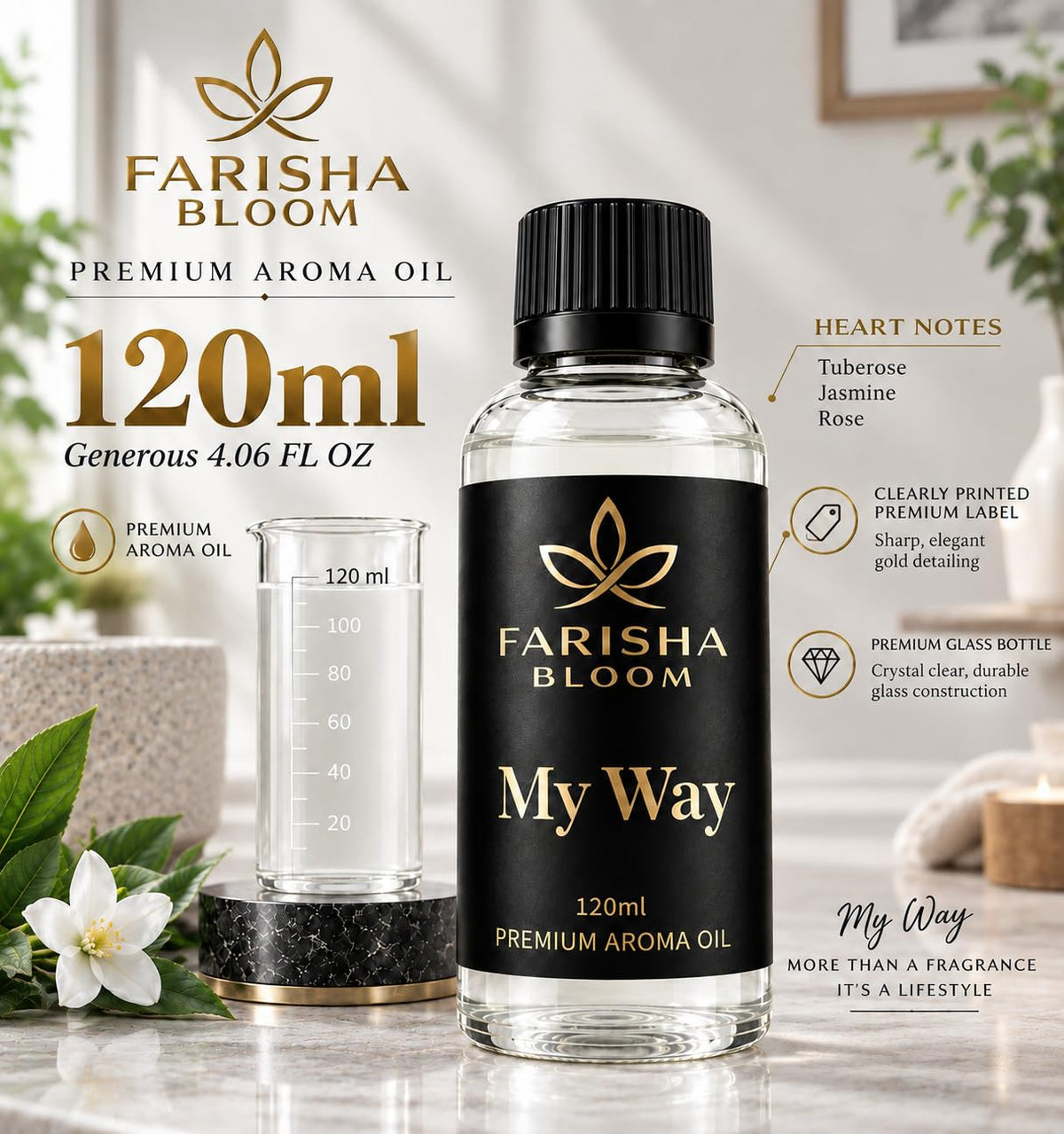 Farisha Bloom My Way Luxury Scent Diffuser Oil, 120 mL Premium Fragrance Oil with Sandalwood, Cedarwood, Amber & Leather