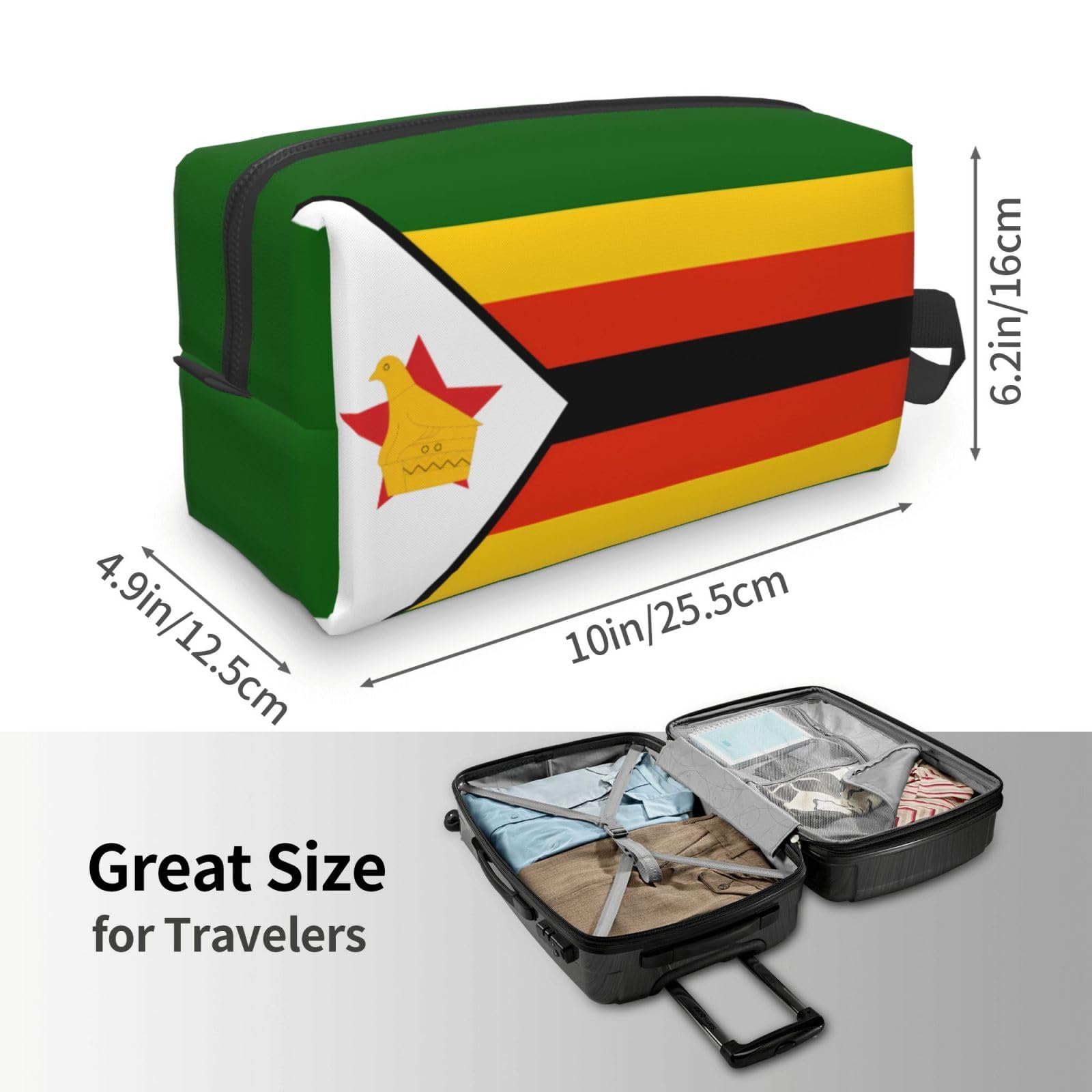 SXZVVBN large Zimbabwe flag travel toiletry bag made of durable Oxford cloth, ideal for cosmetics and makeup organization.