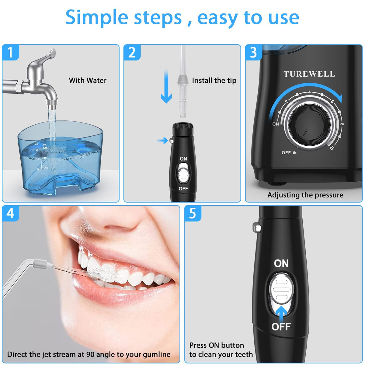 TUREWELL Water Dental Flosser for Teeth/Braces, Water Teeth Cleaner – back view and specifications