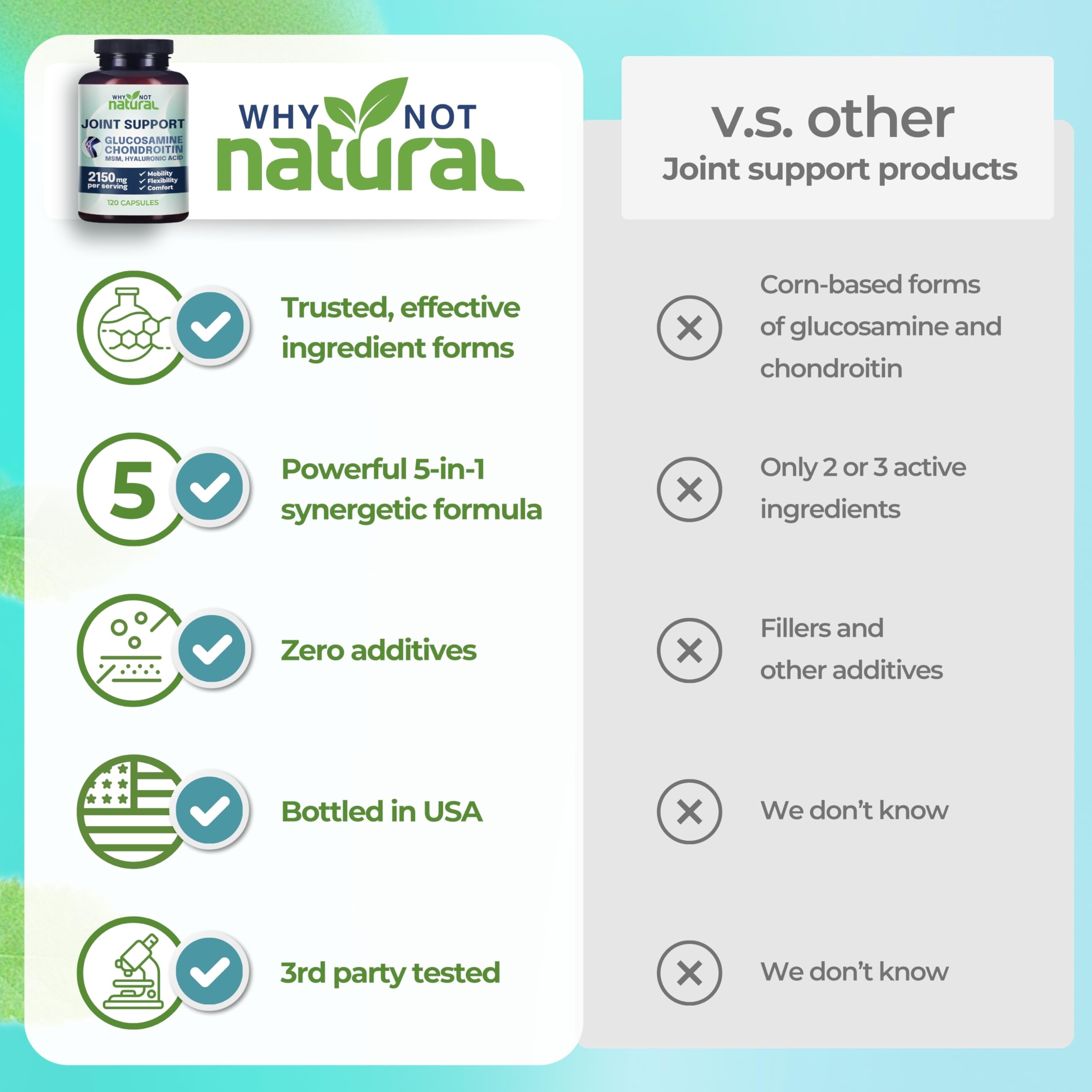Why Not Natural Glucosamine Chondroitin, MSM, Joint Support Supplements - Knee Pain Joints Health Suppplement