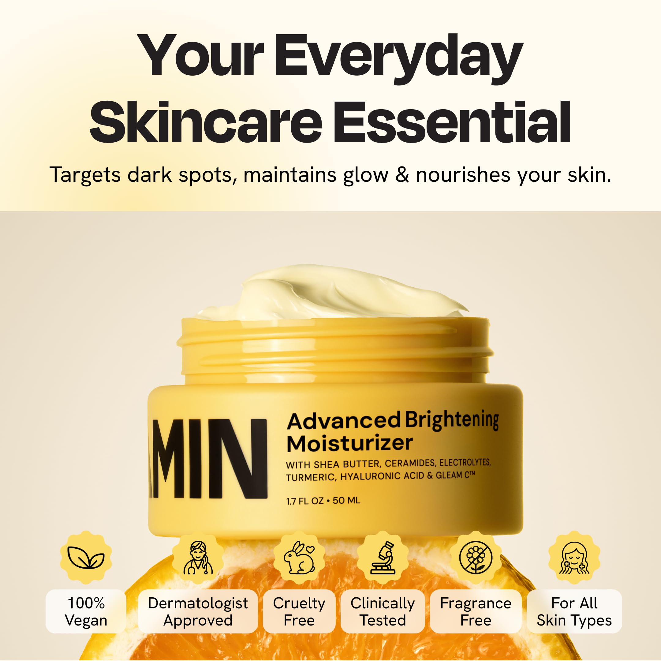 Gleamin Brightening Face Moisturizer in 1.7 fl oz bottle, smooth texture and brightening formula for glowing skin.