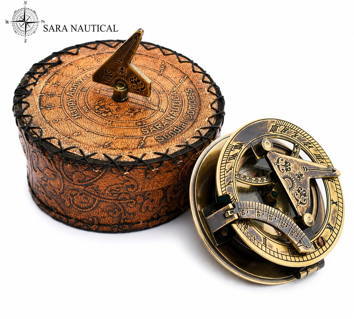 SARA NAUTICAL Antique Brass Sundial Compass, Sundial Clock in Box Gift Sun Clock Ship Replica Watch,Ship Decorations (Ne
