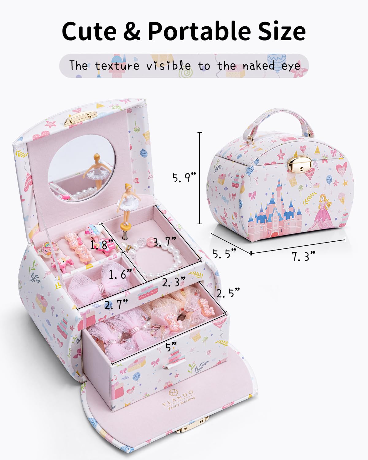 VLANDO 2 Layer Girls Musical Jewelry Box with Ballerina and Large Drawers
