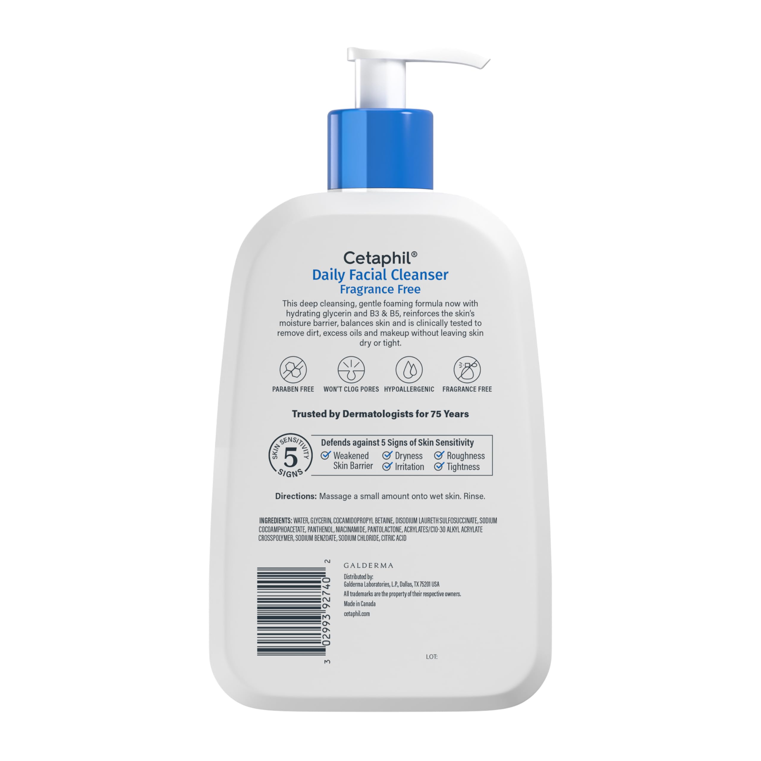 Cetaphil Daily Facial Cleanser for oily and combination skin in a 16oz bottle, showing the cleanser and pump dispenser.