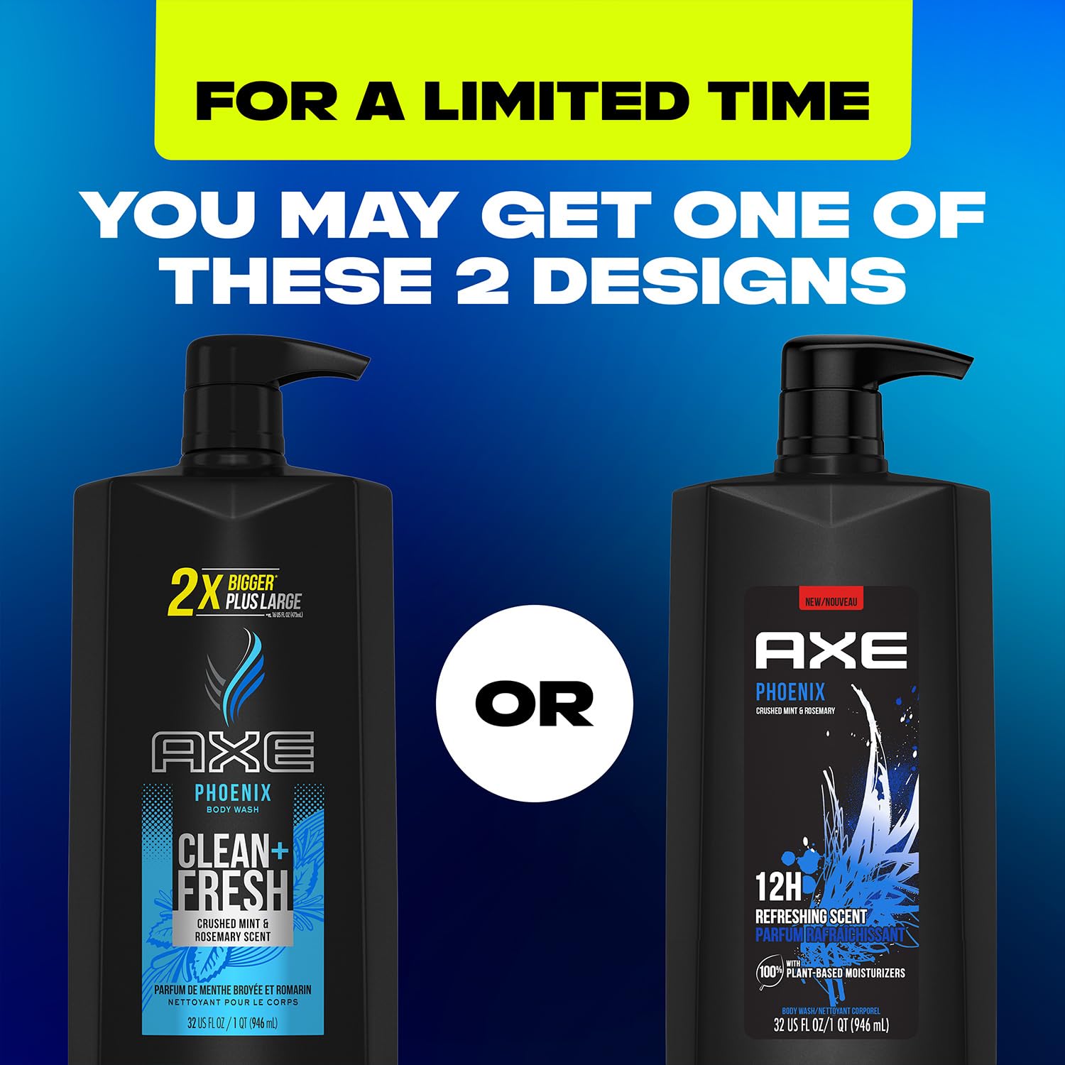 AXE Phoenix men's body wash and shower gel 3-pack with crushed mint and rosemary scent, 32 fl oz bottles, invigorating fragrance